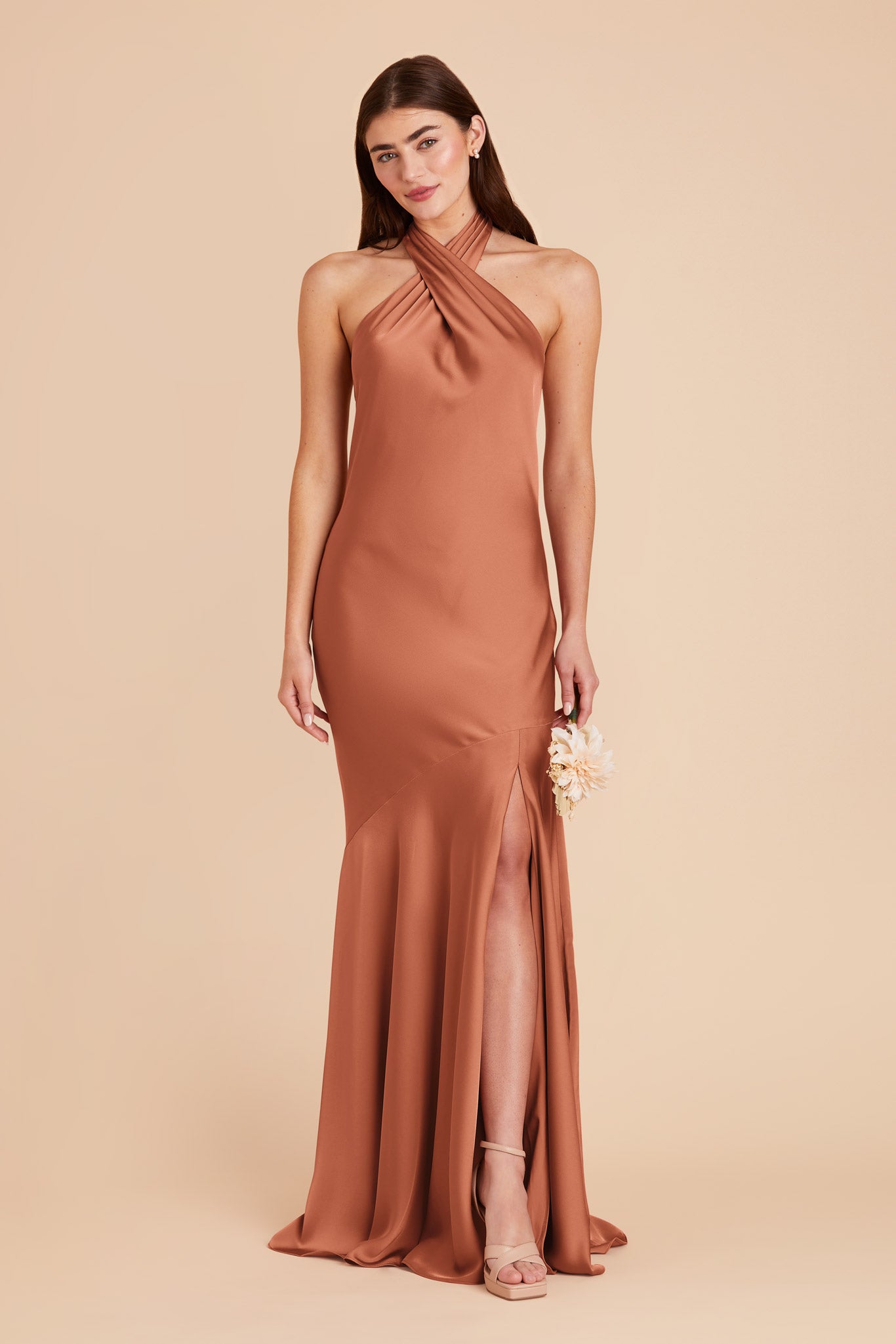 Matte Satin Halter Dress in Terracotta | Stephanie