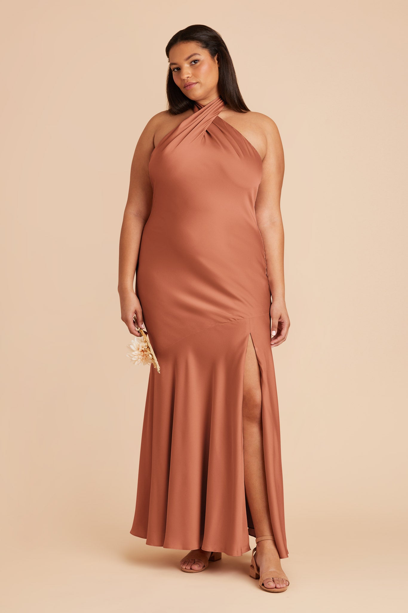 Matte Satin Halter Dress in Terracotta | Stephanie