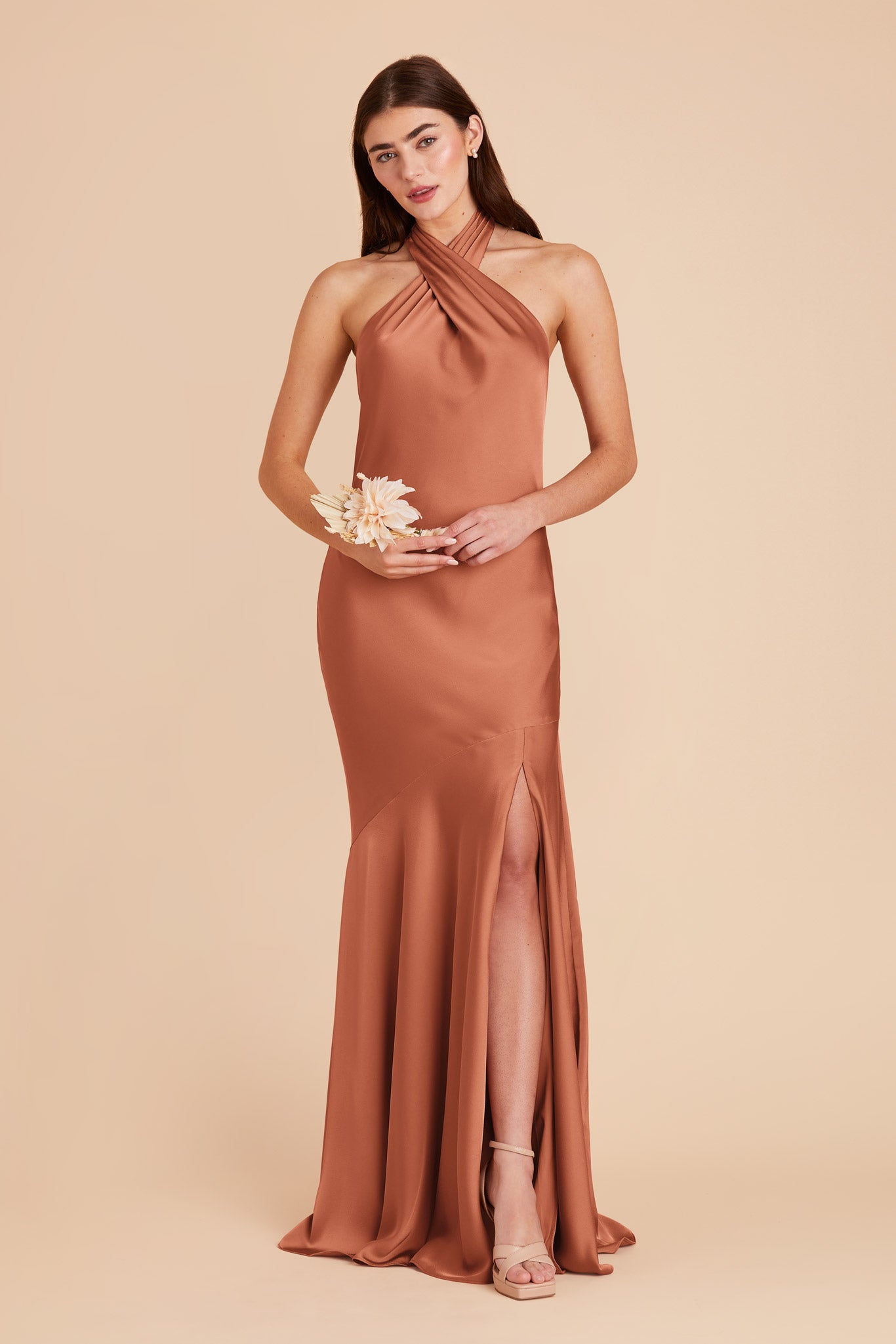 Matte Satin Halter Dress in Terracotta | Stephanie