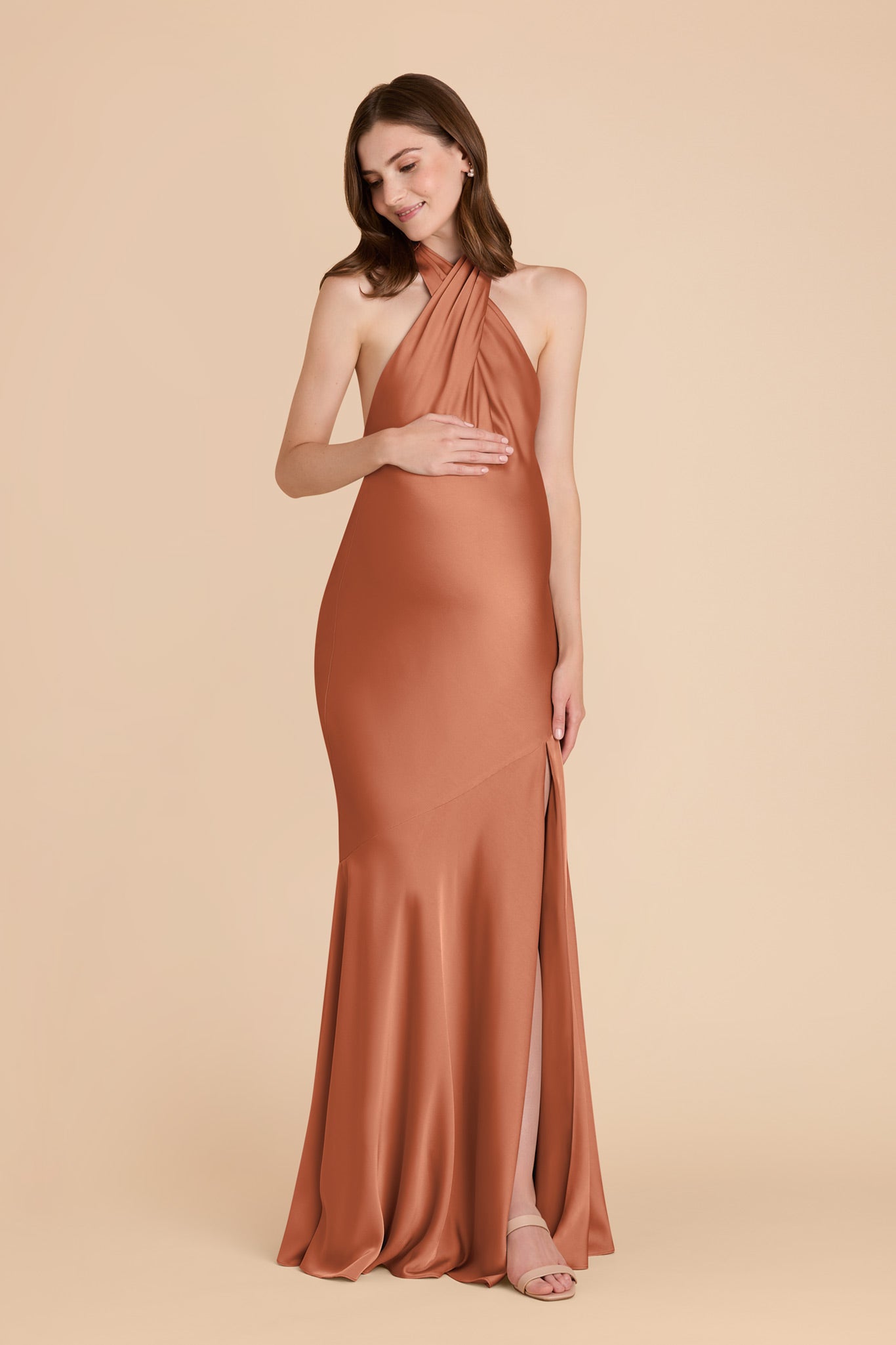 Matte Satin Halter Dress in Terracotta | Stephanie