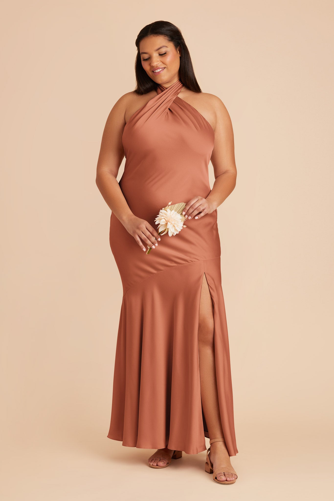Matte Satin Halter Dress in Terracotta | Stephanie