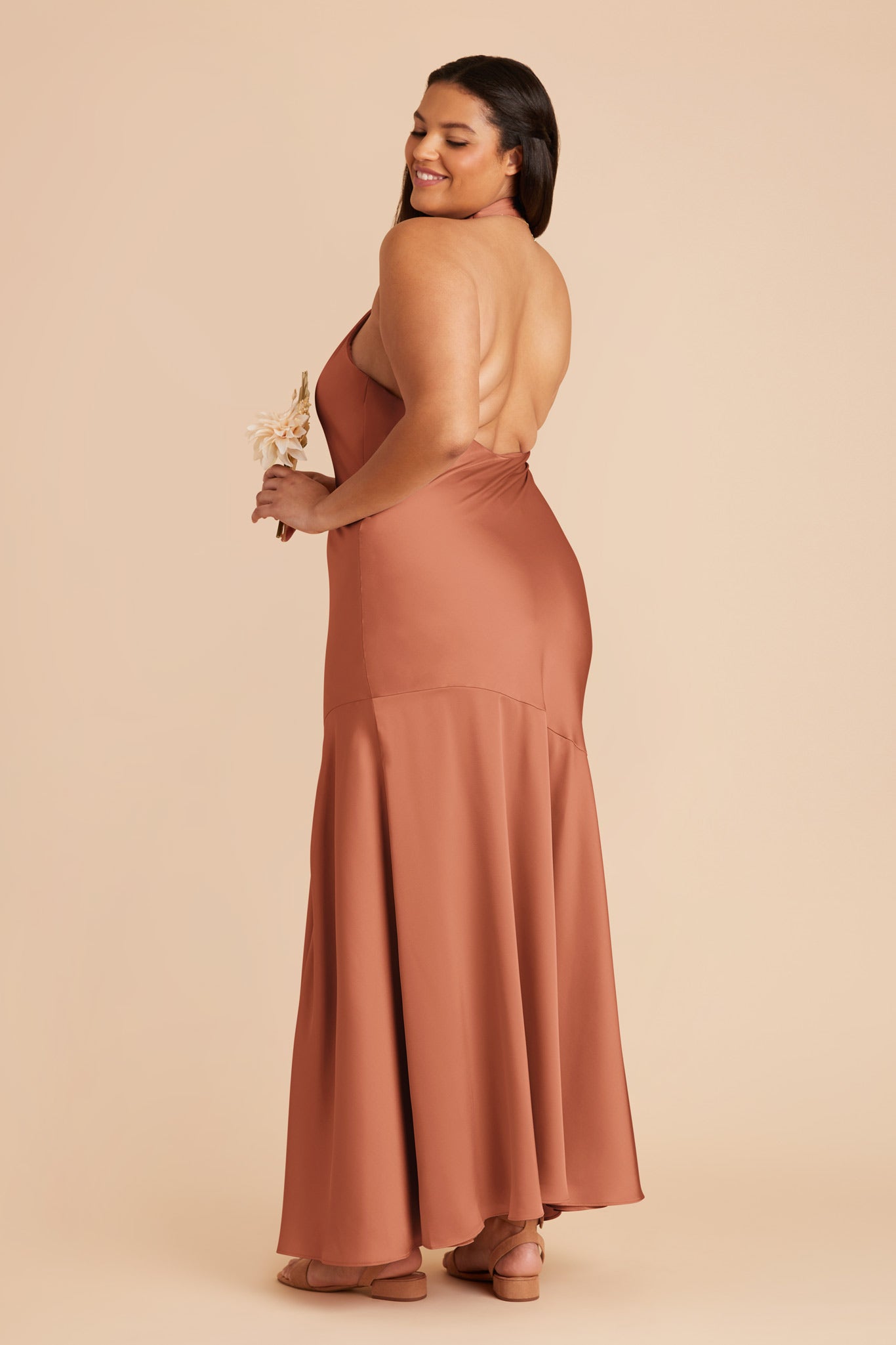 Matte Satin Halter Dress in Terracotta | Stephanie