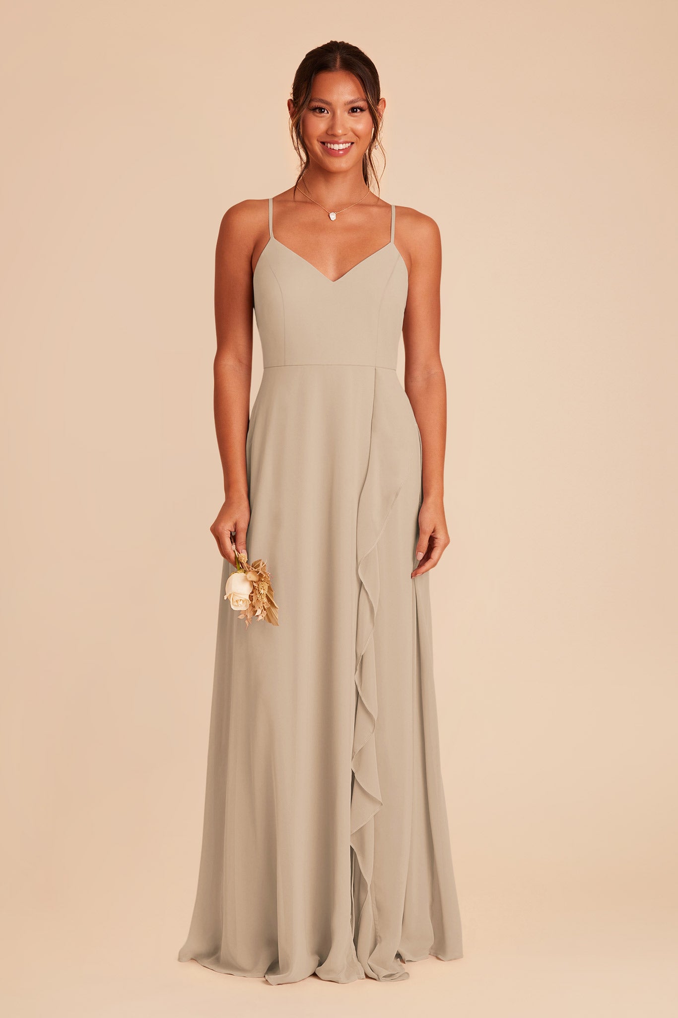 Chiffon Bridesmaid Dress with Ruffle Slit & Convertible Straps | Theresa