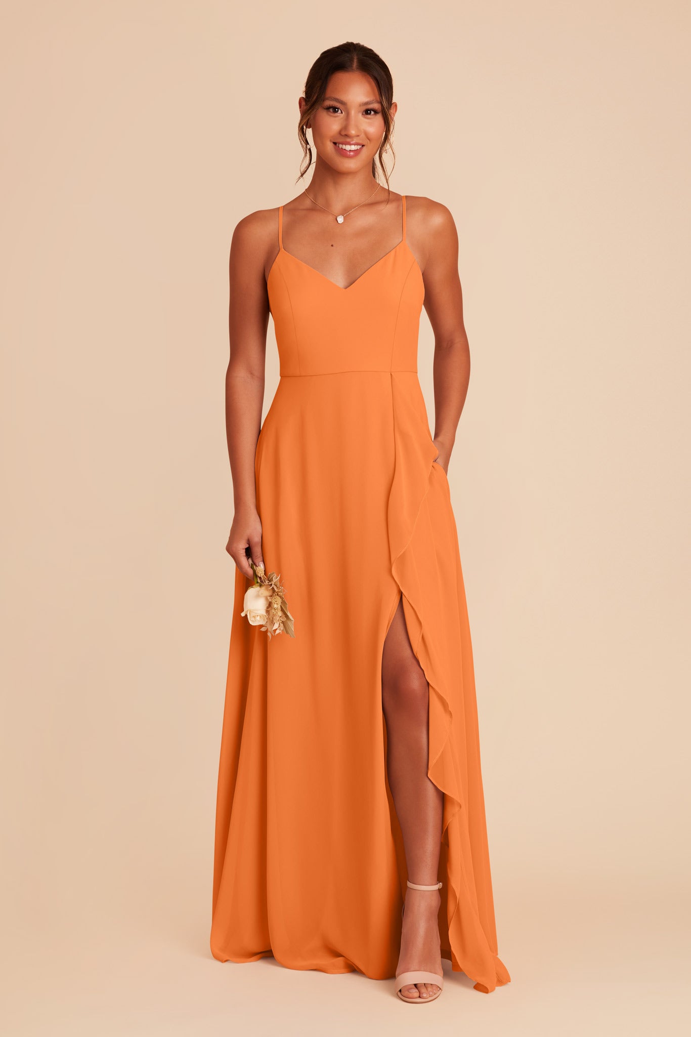 Chiffon Bridesmaid Dress with Ruffle Slit & Convertible Straps | Theresa