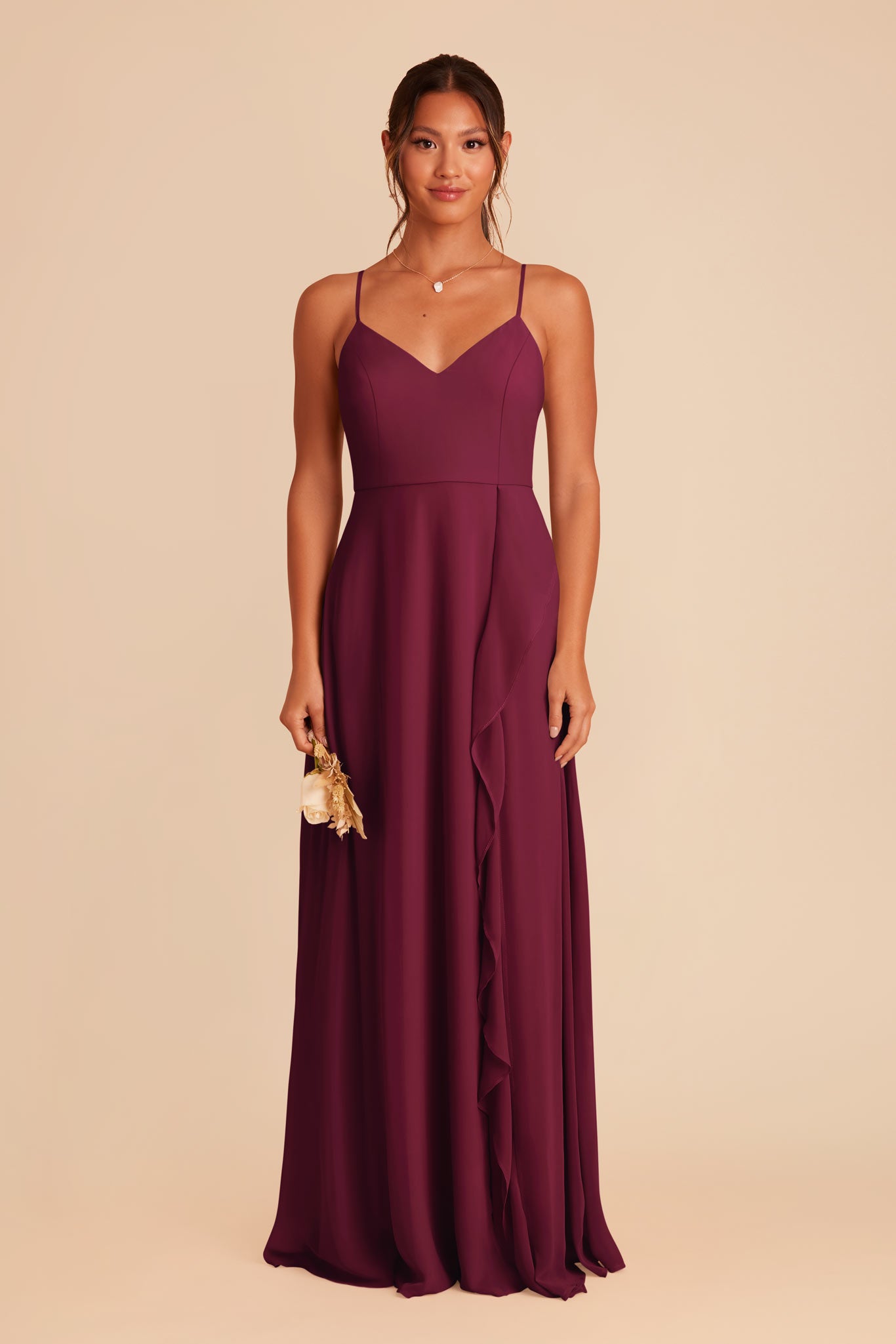 Chiffon Bridesmaid Dress with Ruffle Slit & Convertible Straps | Theresa