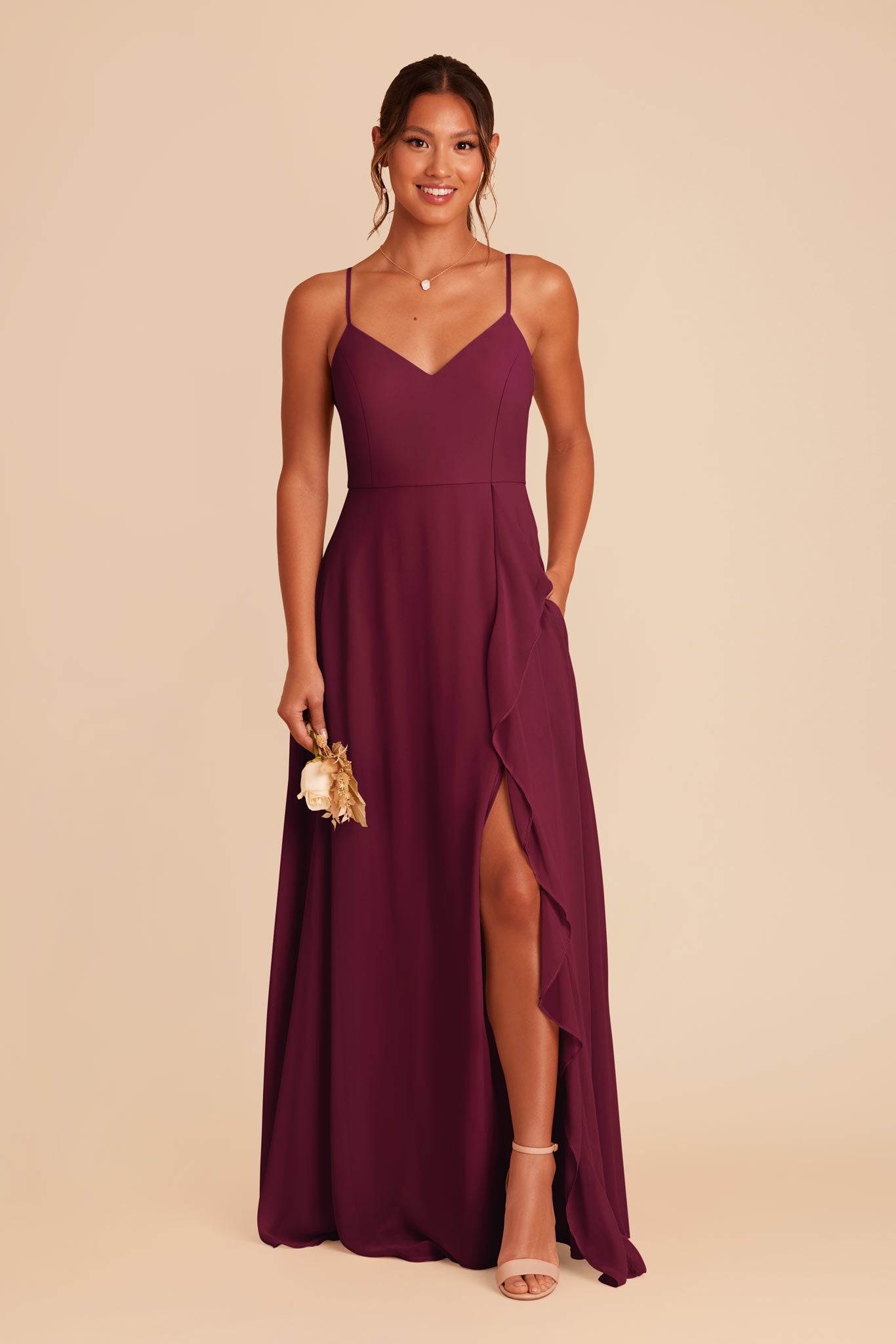 Chiffon Bridesmaid Dress with Ruffle Slit & Convertible Straps | Theresa