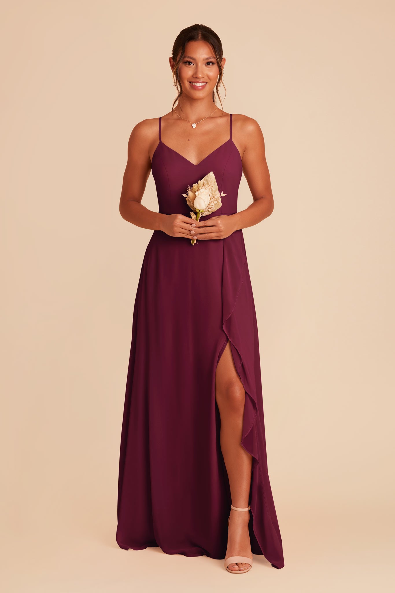 Chiffon Bridesmaid Dress with Ruffle Slit & Convertible Straps | Theresa