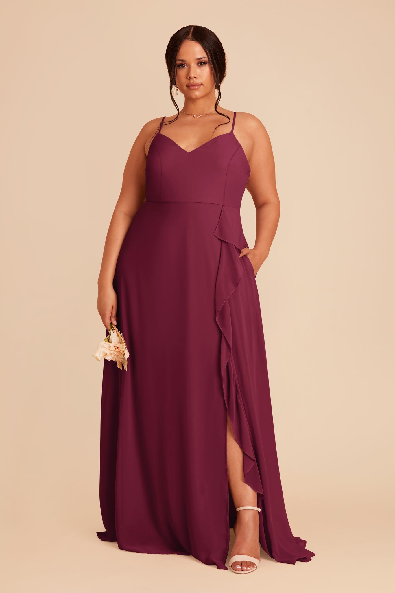 Chiffon Bridesmaid Dress with Ruffle Slit & Convertible Straps | Theresa