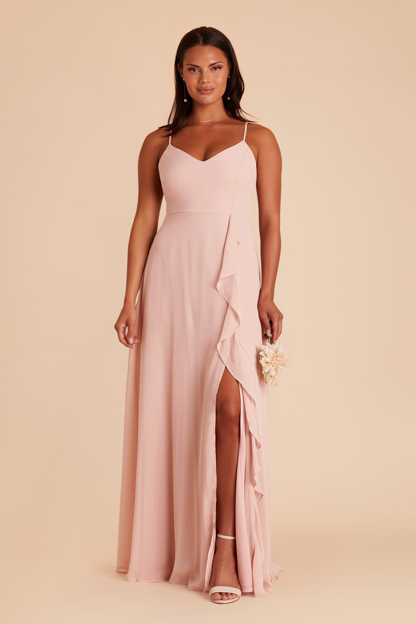 Chiffon Bridesmaid Dress with Ruffle Slit | Theresa Blush Pink