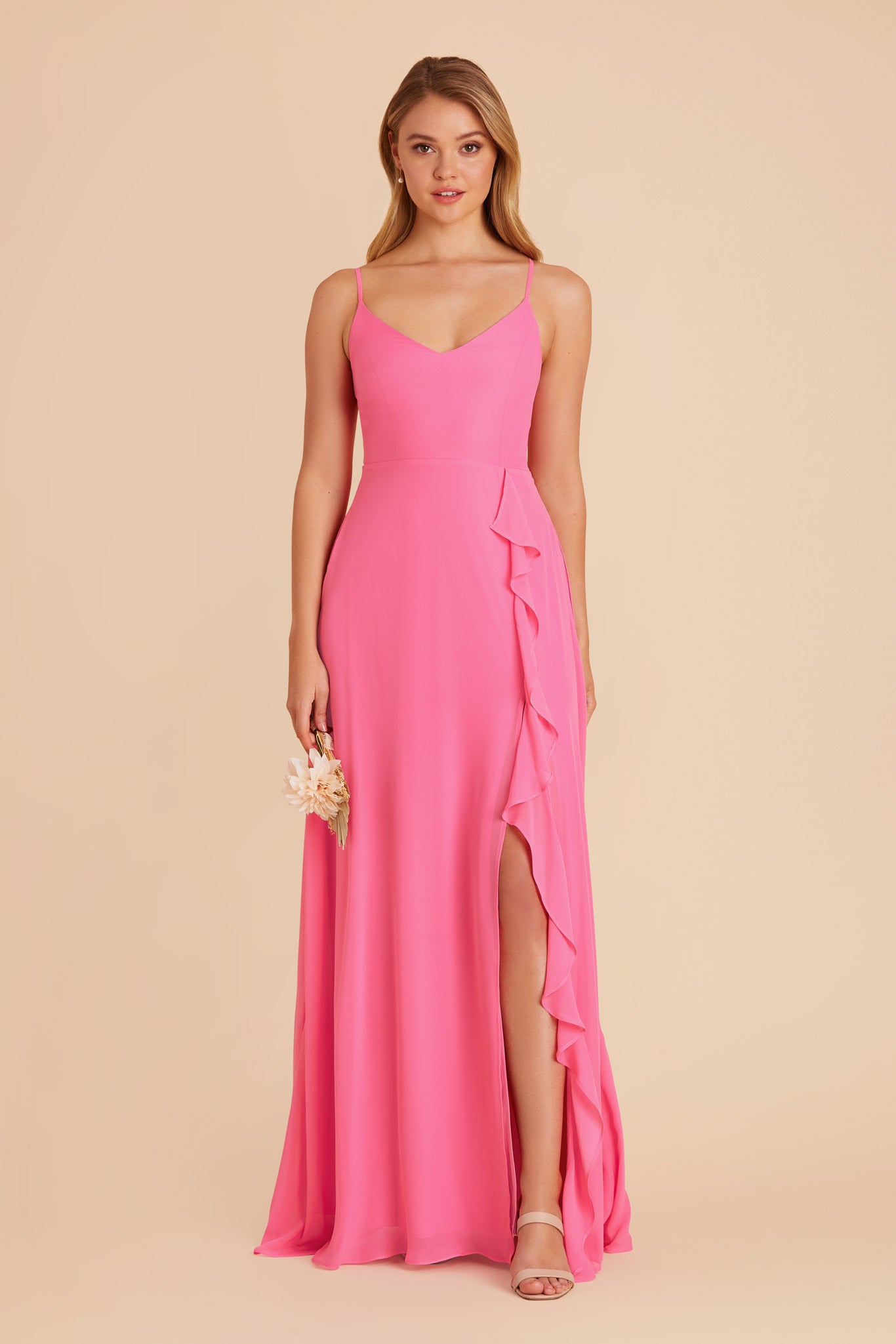 Chiffon Bridesmaid Dress with Ruffle Slit & Convertible Straps | Theresa