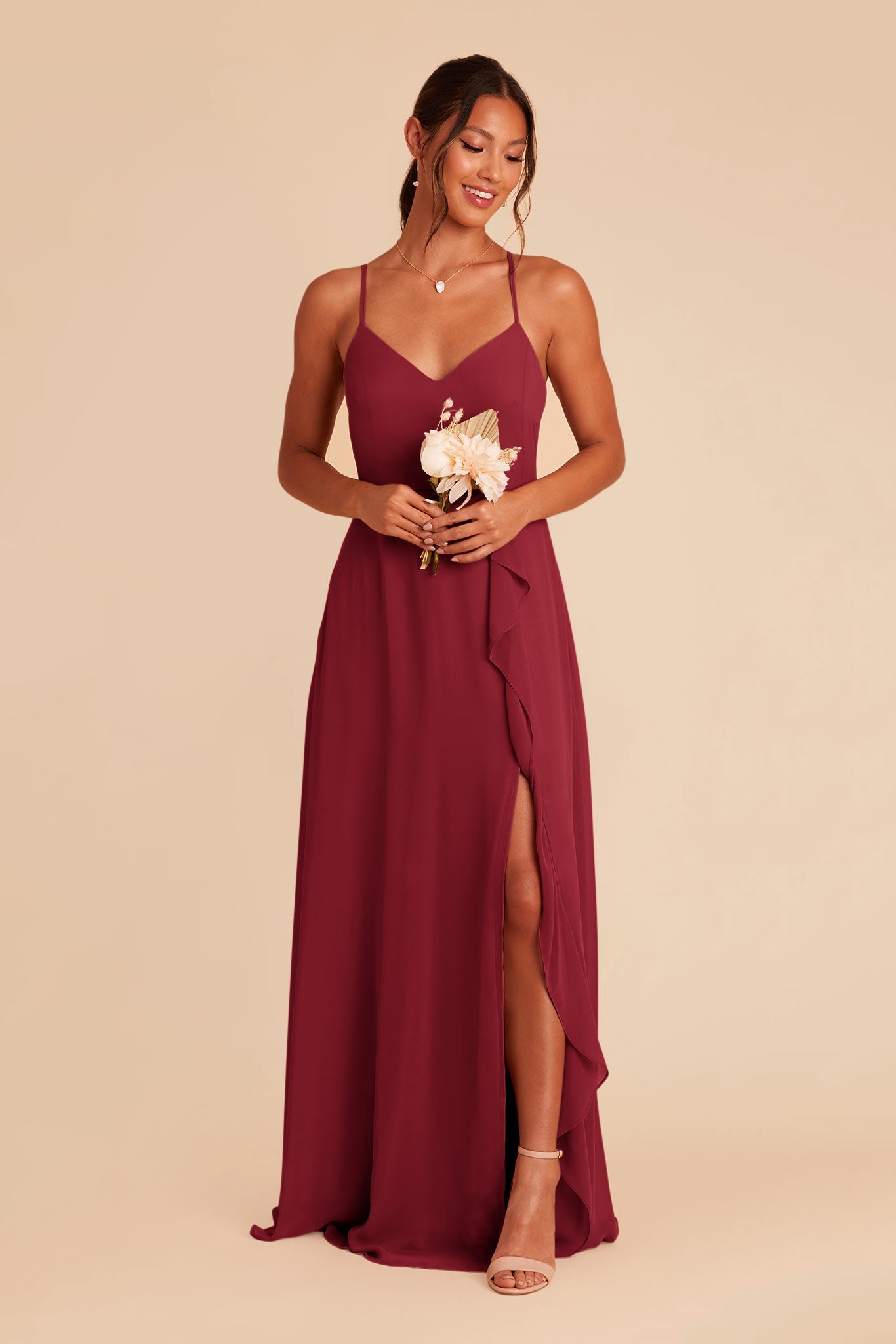 Chiffon Bridesmaid Dress with Ruffle Slit | Theresa Burgundy