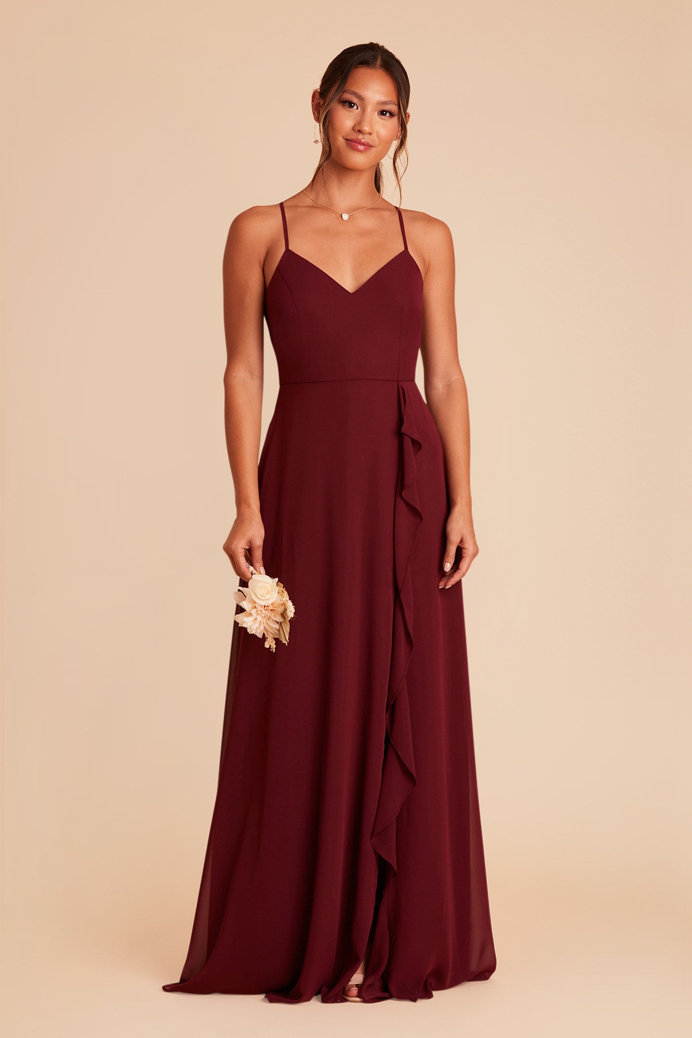 Chiffon Bridesmaid Dress with Ruffle Slit | Theresa - Cabernet