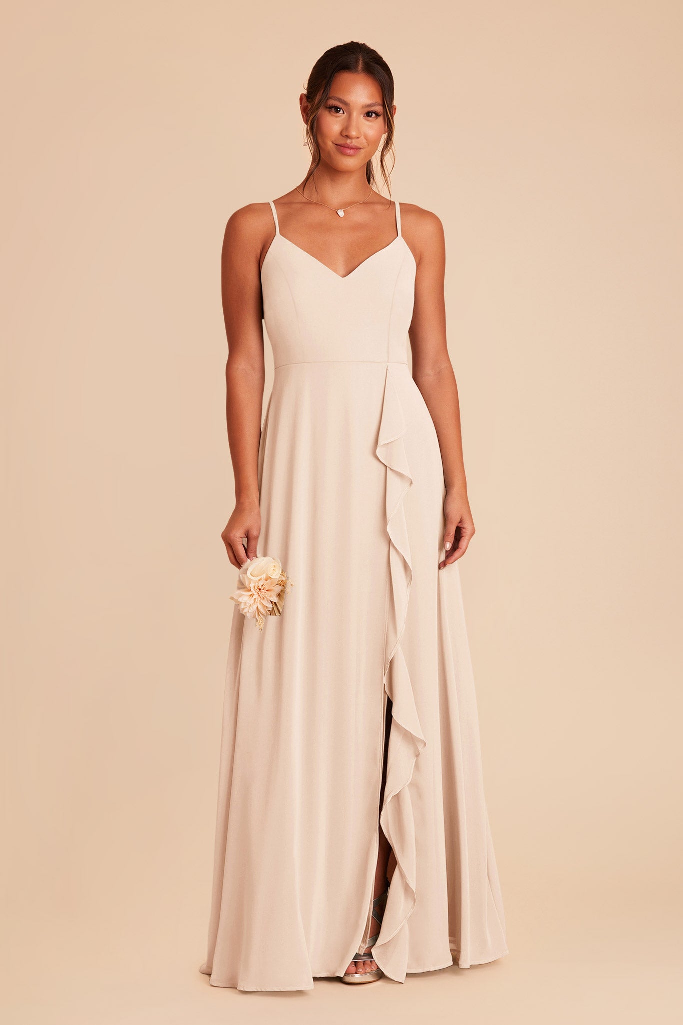 Chiffon Bridesmaid Dress with Ruffle Slit & Convertible Straps | Theresa