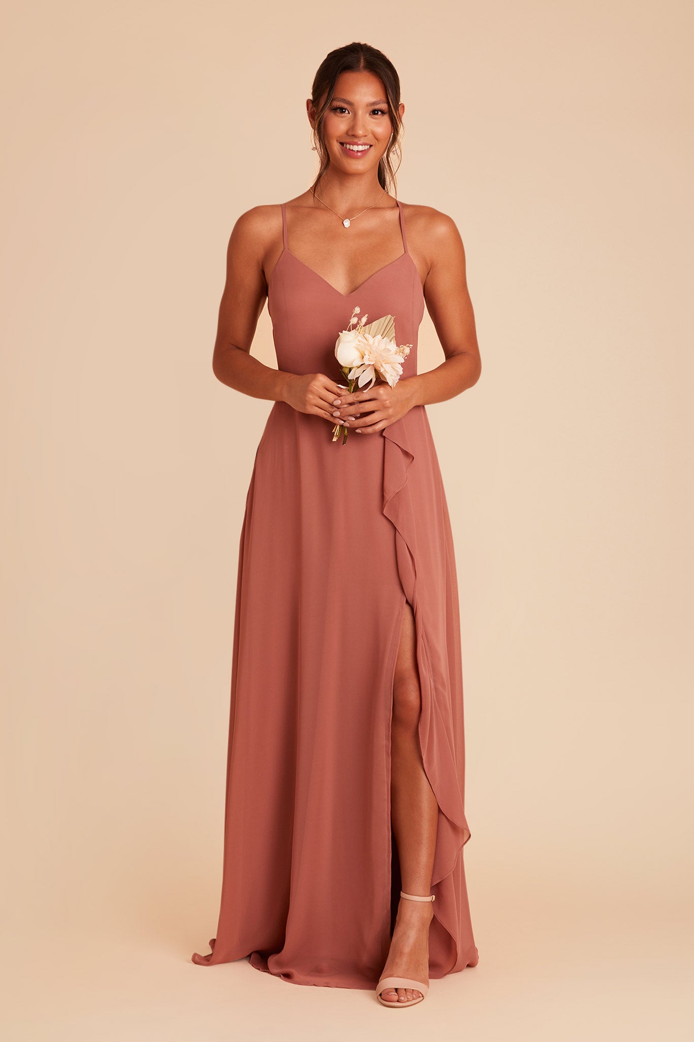 Chiffon Bridesmaid Dress with Ruffle Slit & Convertible Straps | Theresa