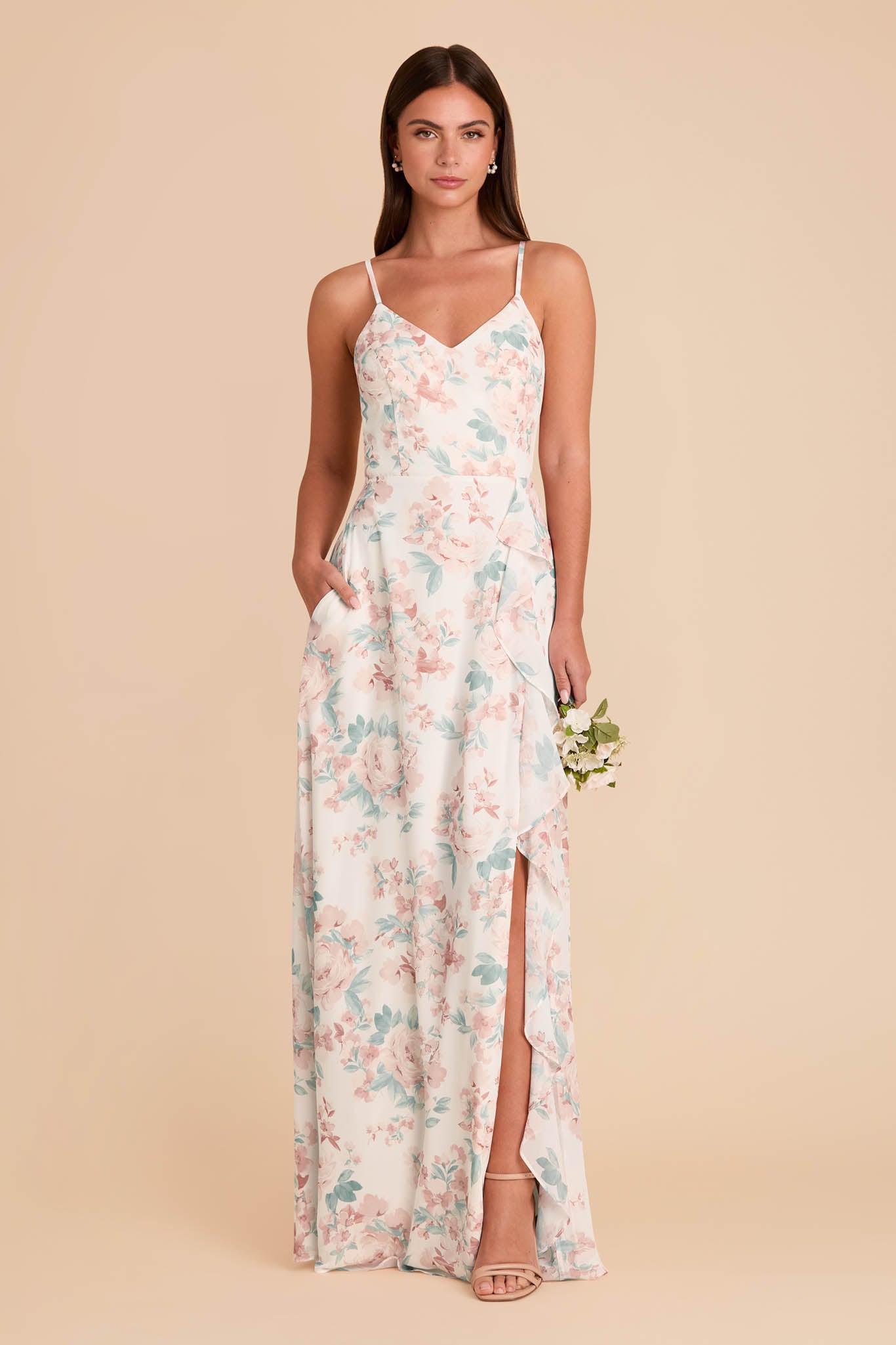 Chiffon Bridesmaid Dress with Ruffle Slit & Convertible Straps | Theresa
