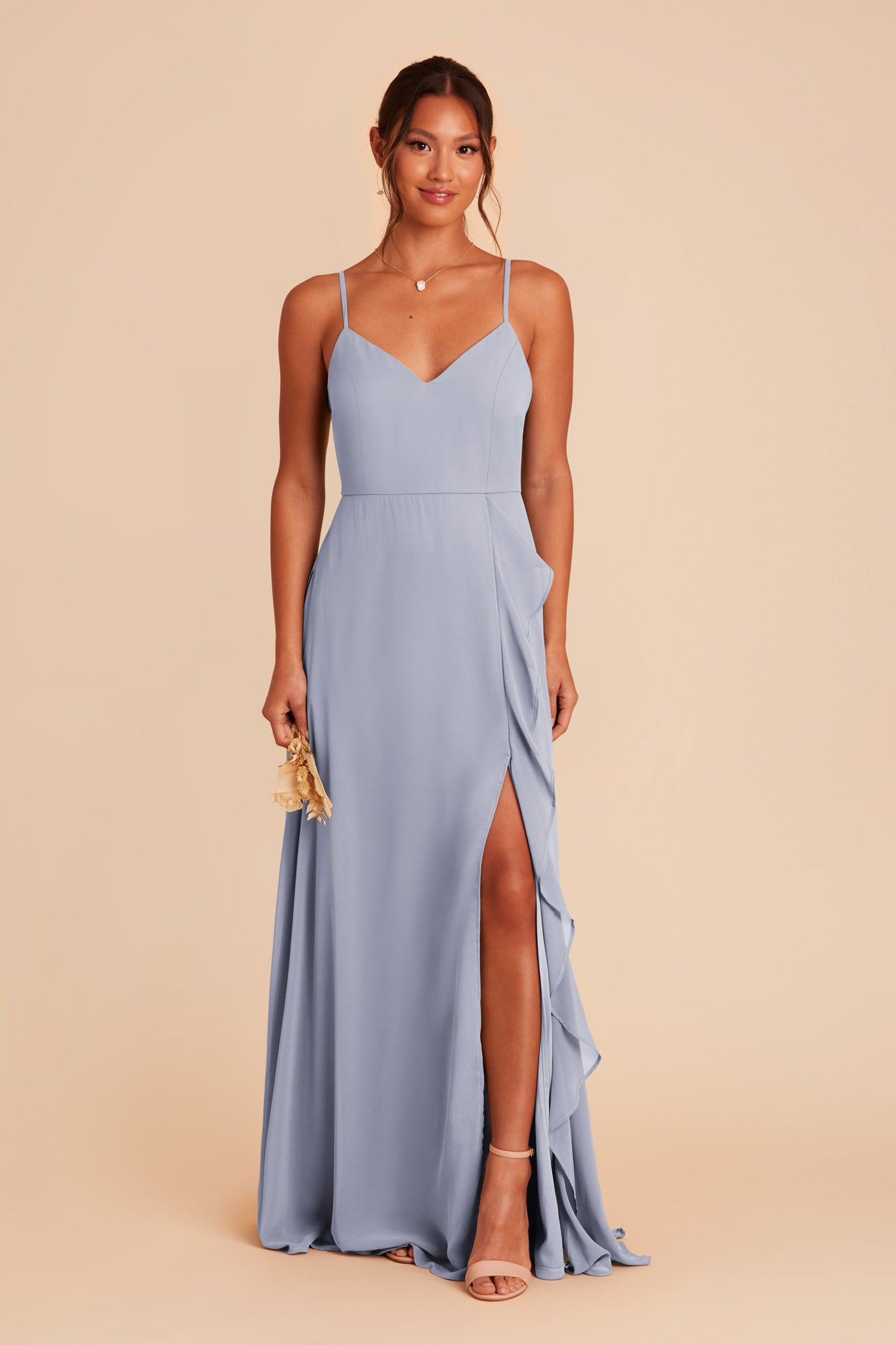 Chiffon Bridesmaid Dress with Ruffle Slit | Theresa Dusty Blue