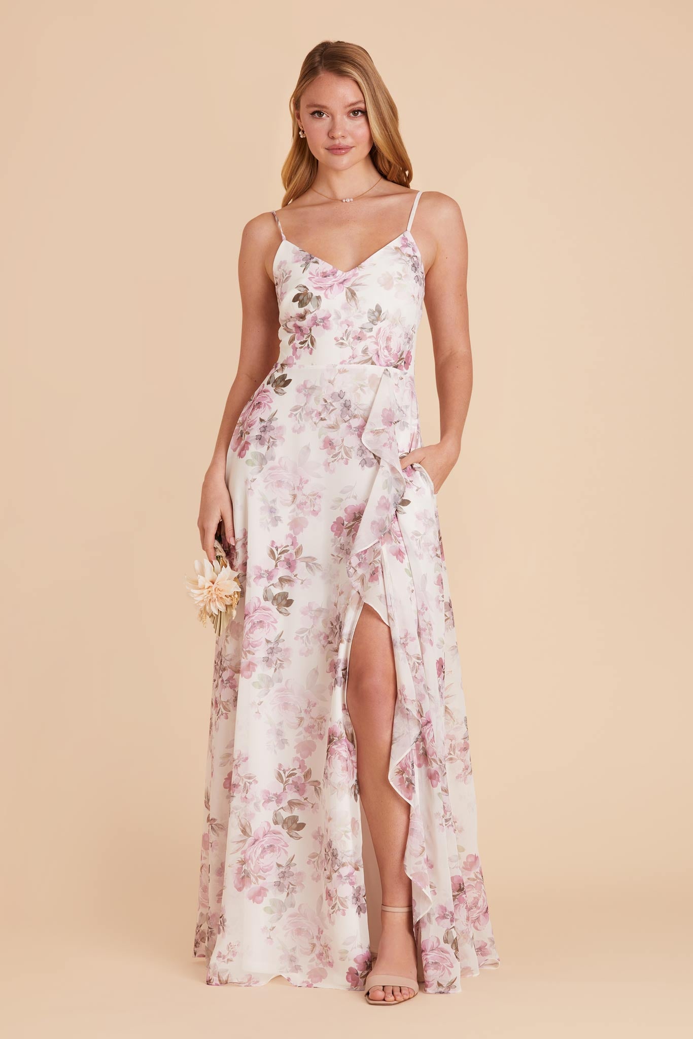 Chiffon Bridesmaid Dress with Ruffle Slit | Theresa
