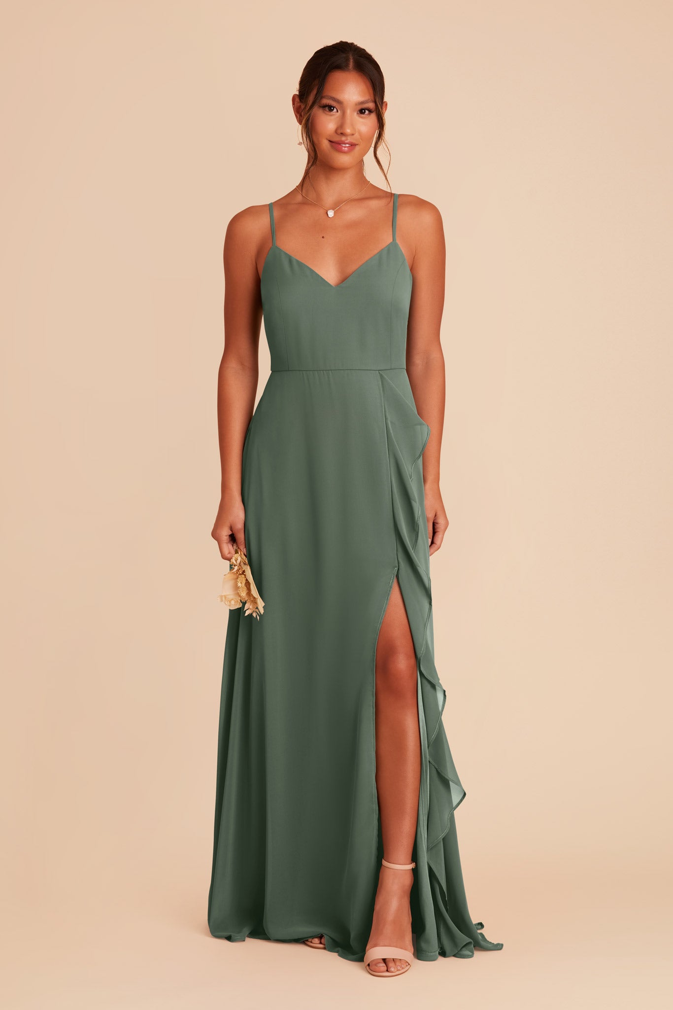 Chiffon Bridesmaid Dress with Ruffle Slit & Convertible Straps | Theresa