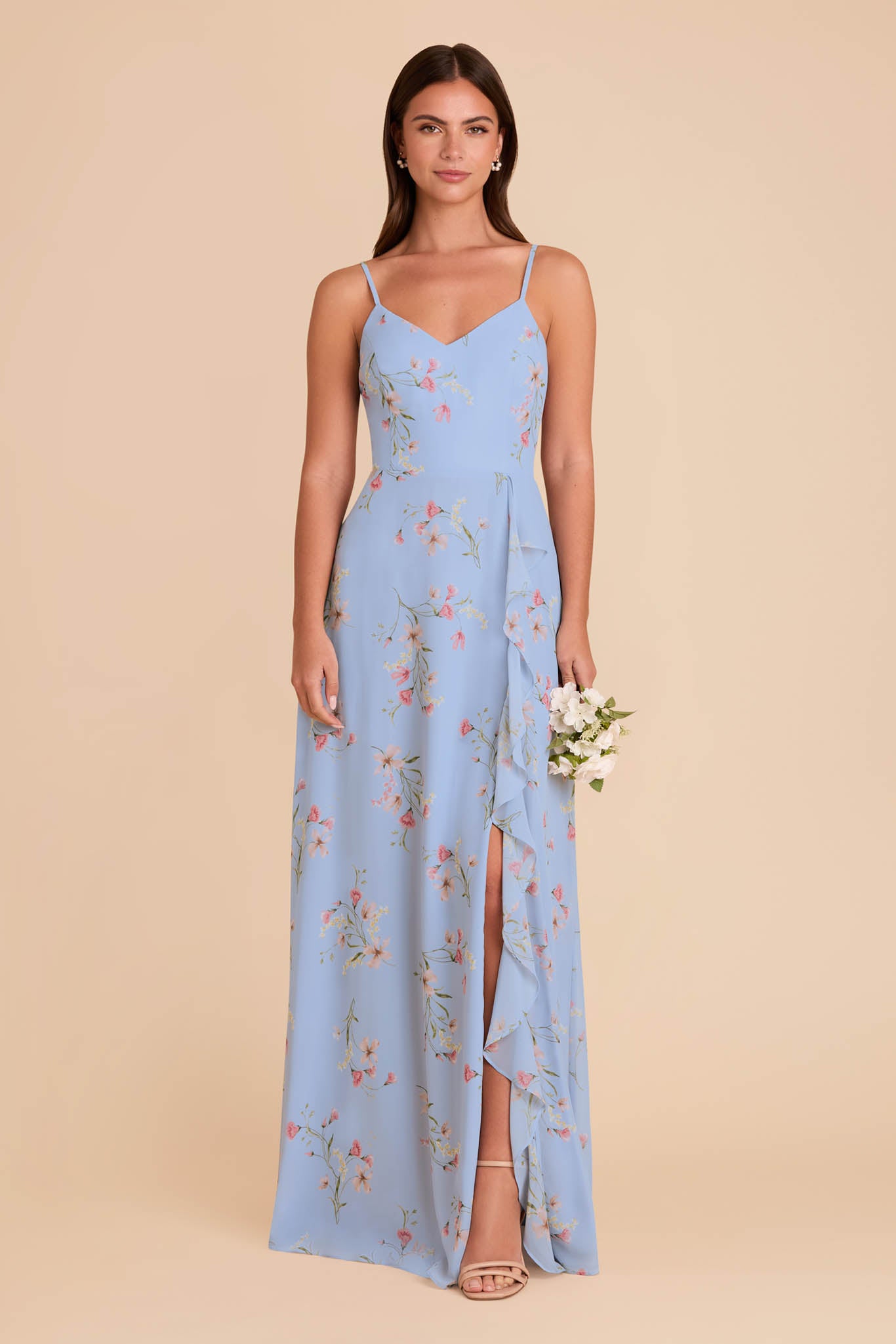 Chiffon Bridesmaid Dress with Ruffle Slit | Theresa Periwinkle Blue