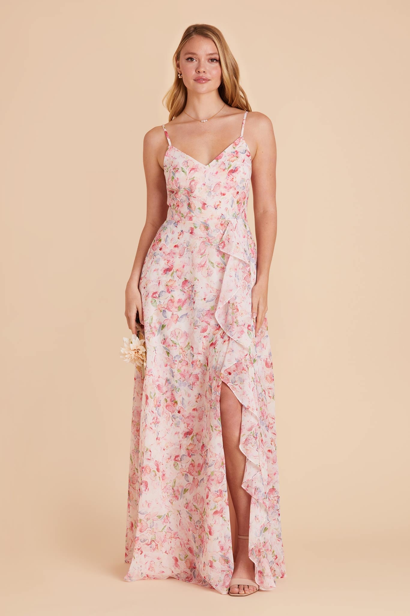 Chiffon Bridesmaid Dress with Ruffle Slit & Convertible Straps | Theresa