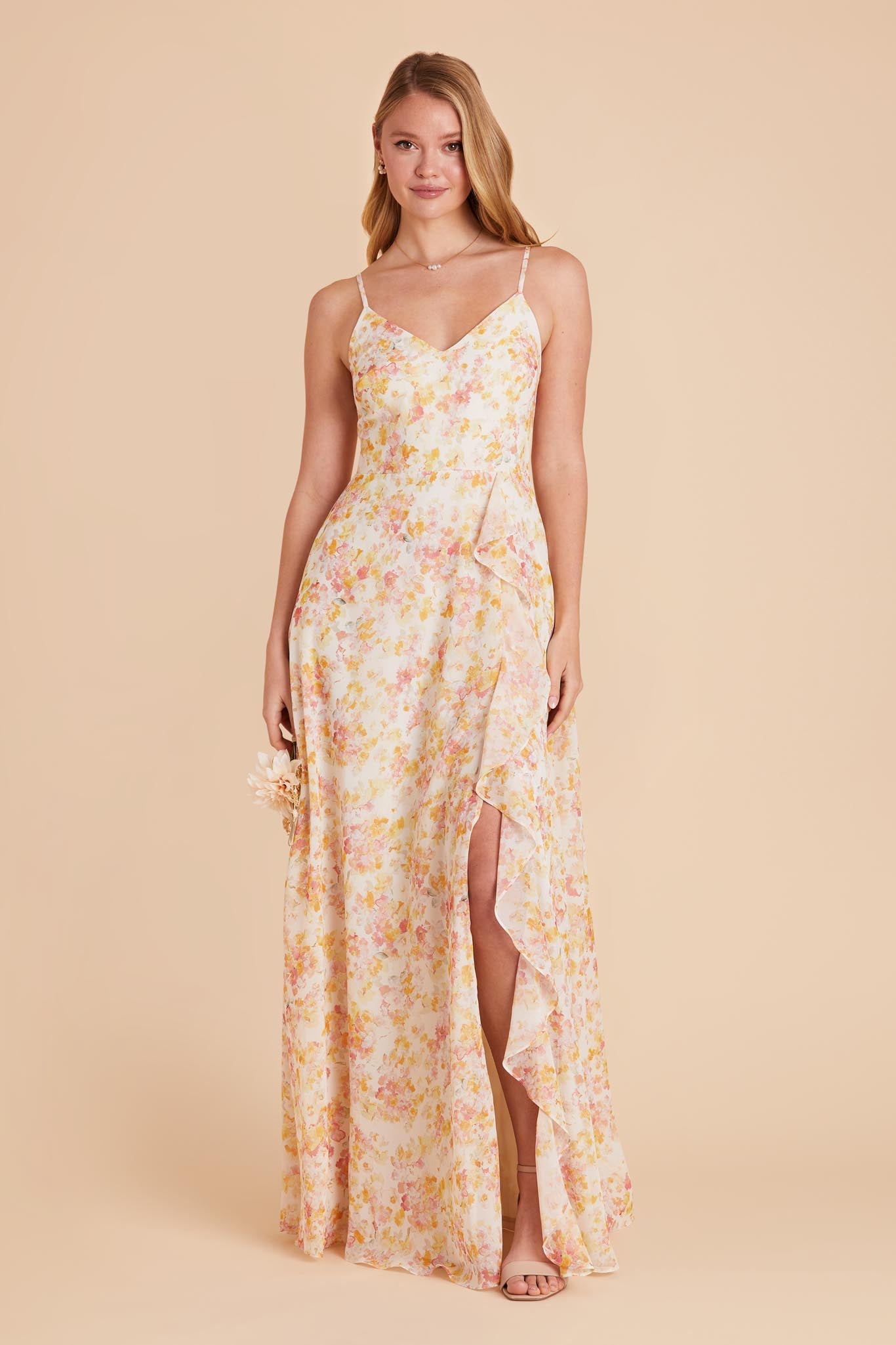 Chiffon Bridesmaid Dress with Ruffle Slit & Convertible Straps | Theresa