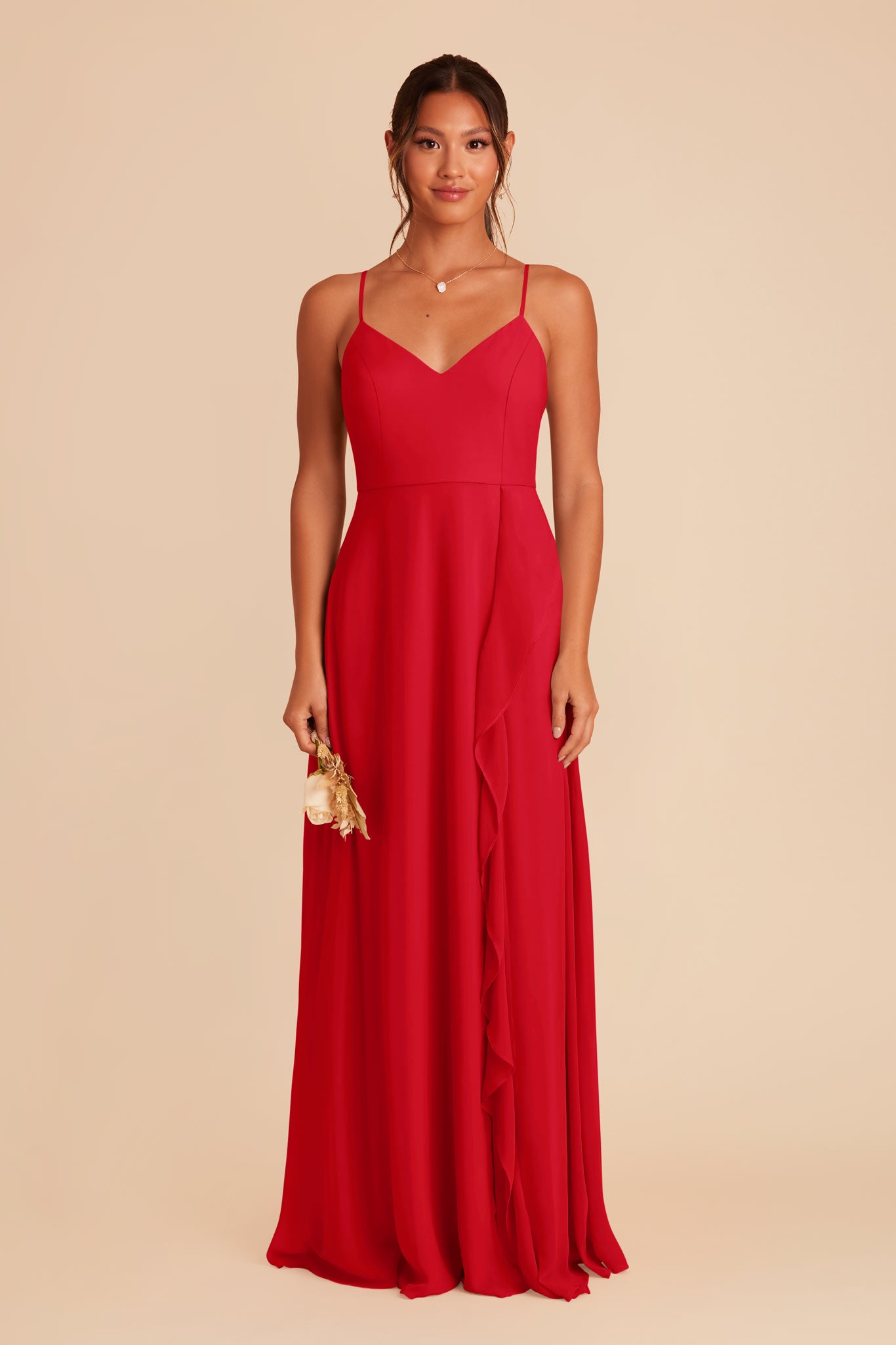 Chiffon Bridesmaid Dress with Ruffle Slit | Theresa Ruby Red