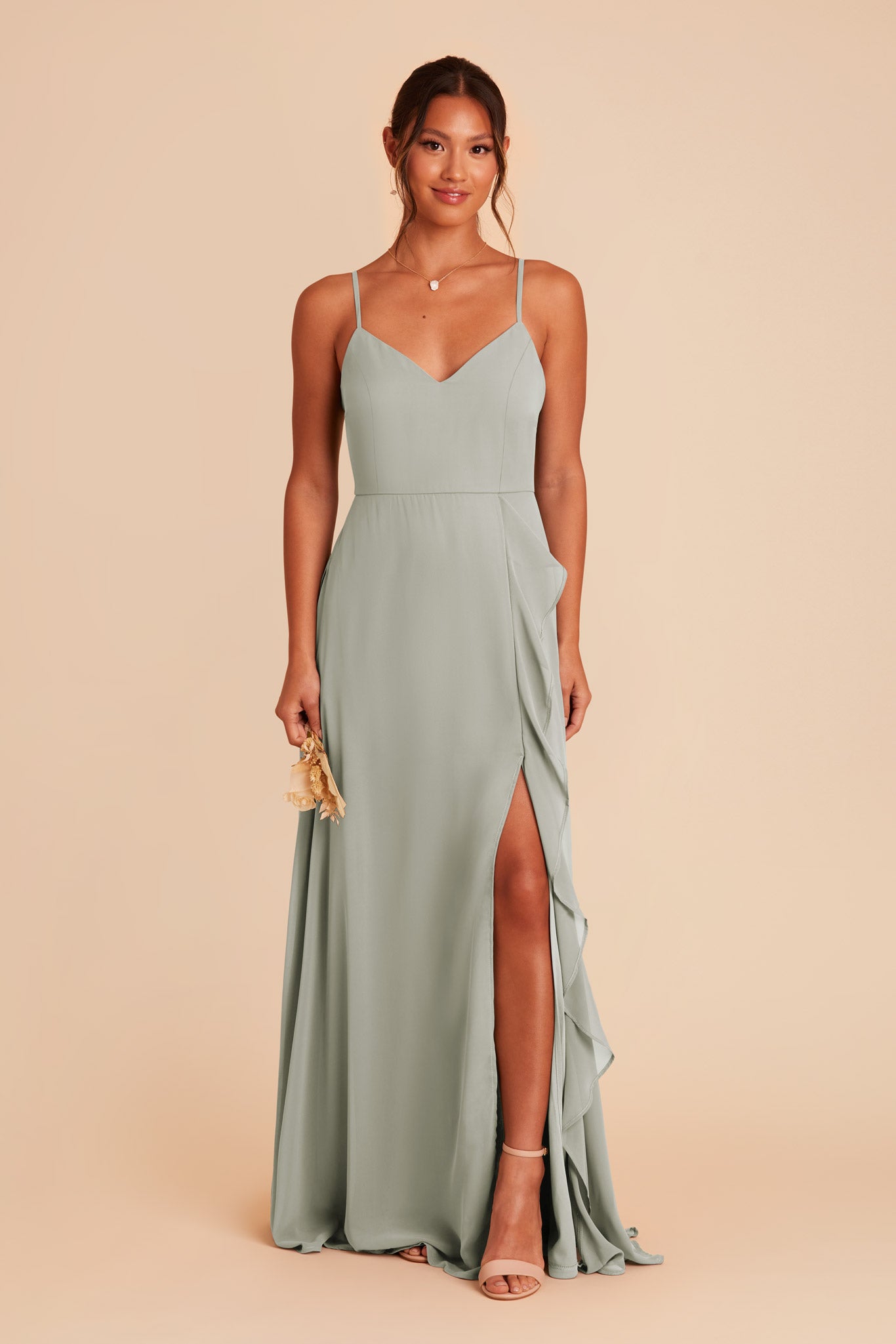 Chiffon Bridesmaid Dress with Ruffle Slit & Convertible Straps | Theresa