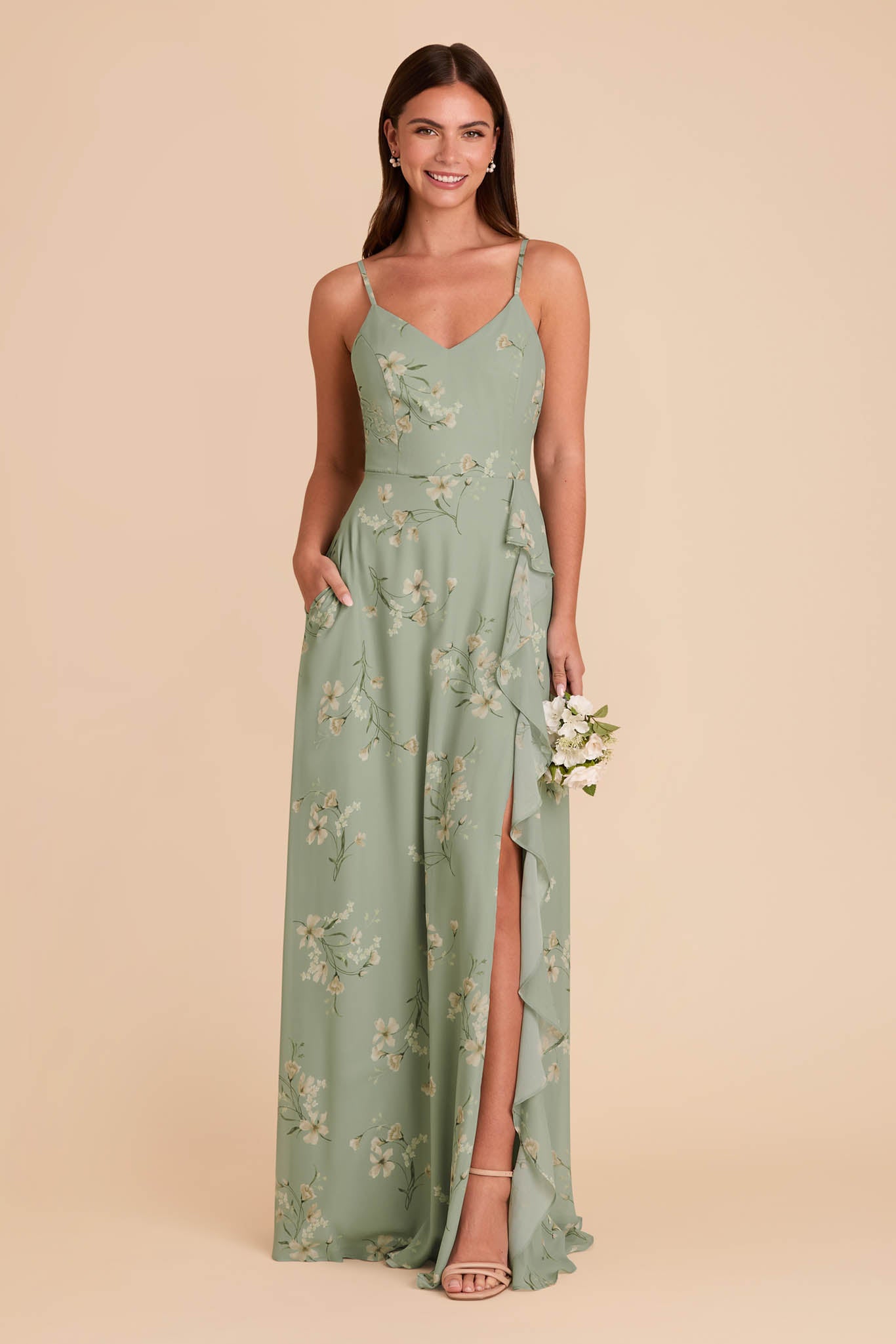 Chiffon Bridesmaid Dress with Ruffle Slit & Convertible Straps | Sage Le Fleur
