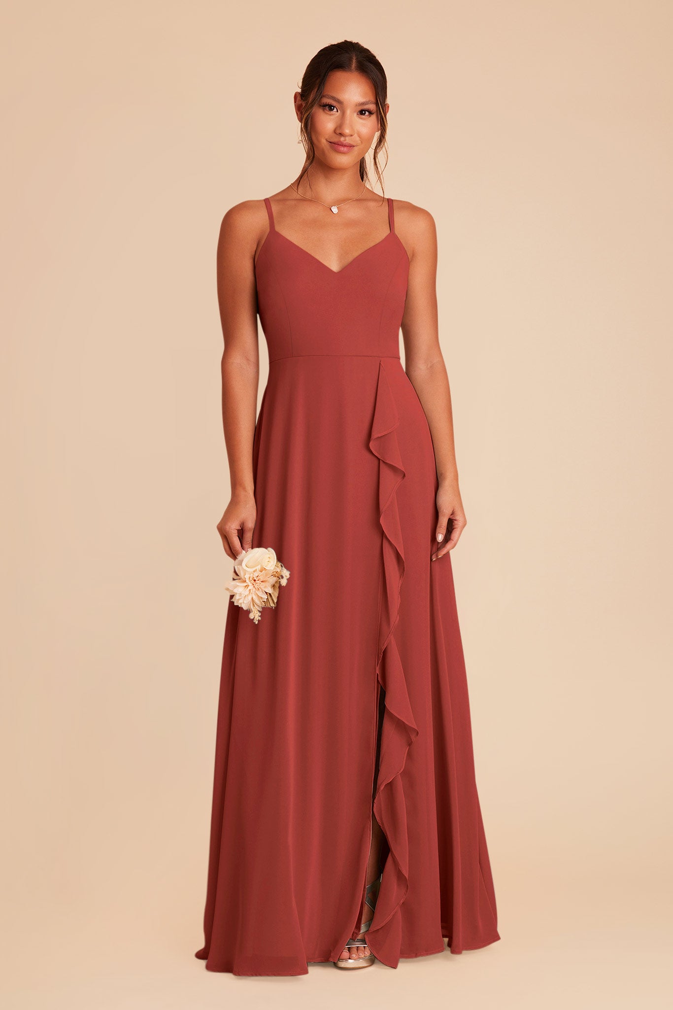 Chiffon Bridesmaid Dress with Ruffle Slit & Convertible Straps | Theresa