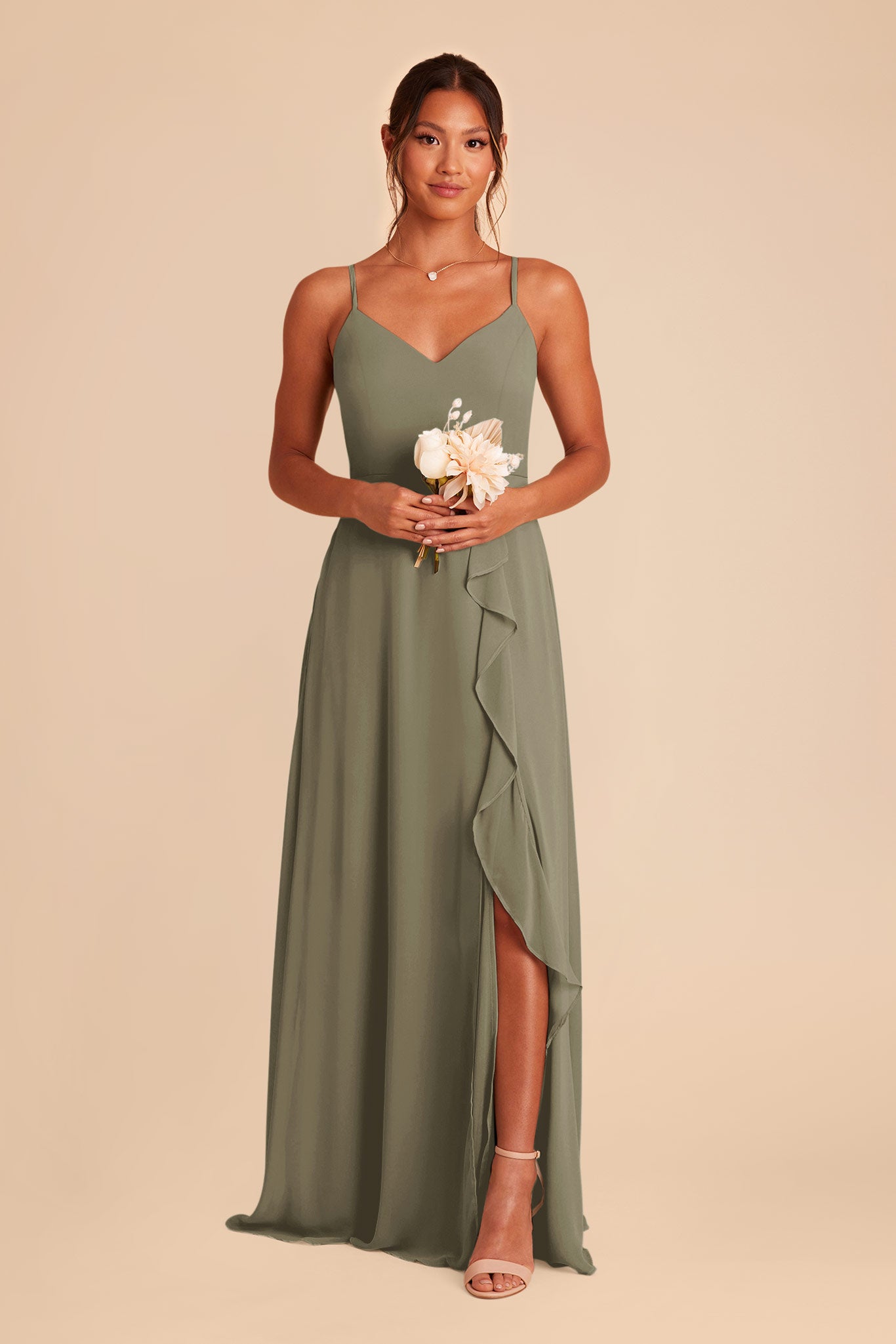 Chiffon Bridesmaid Dress with Ruffle Slit & Convertible Straps | Theresa