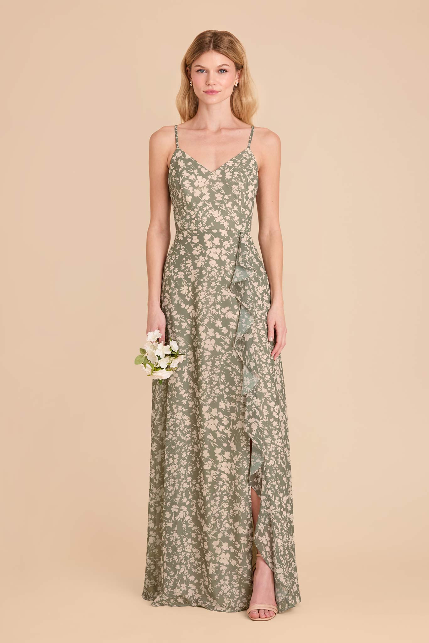 Chiffon Bridesmaid Dress with Ruffle Slit | Theresa Floral
