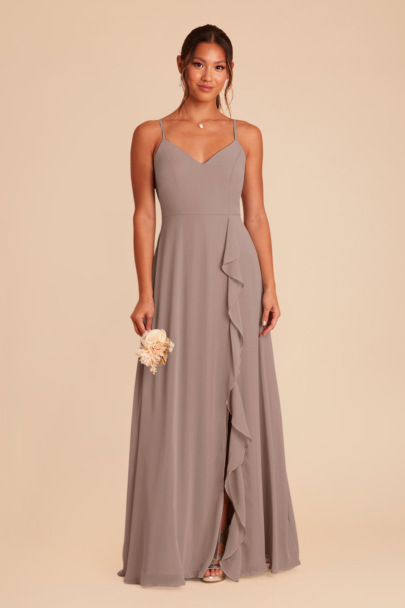 Chiffon Bridesmaid Dress with Ruffle Slit & Convertible Straps | Theresa