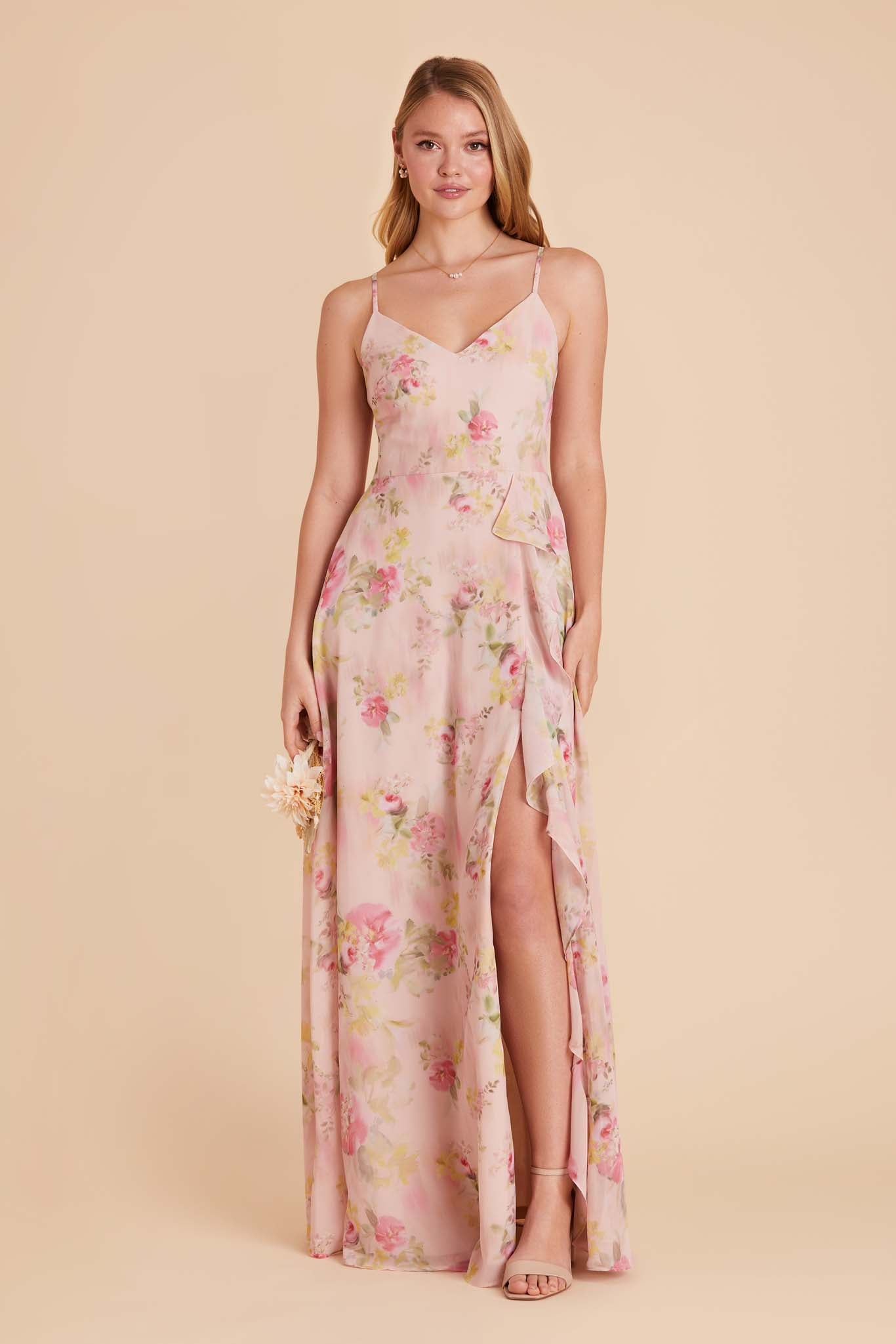 Chiffon Bridesmaid Dress with Ruffle Slit & Convertible Straps | Theresa Vintage Pink Floral
