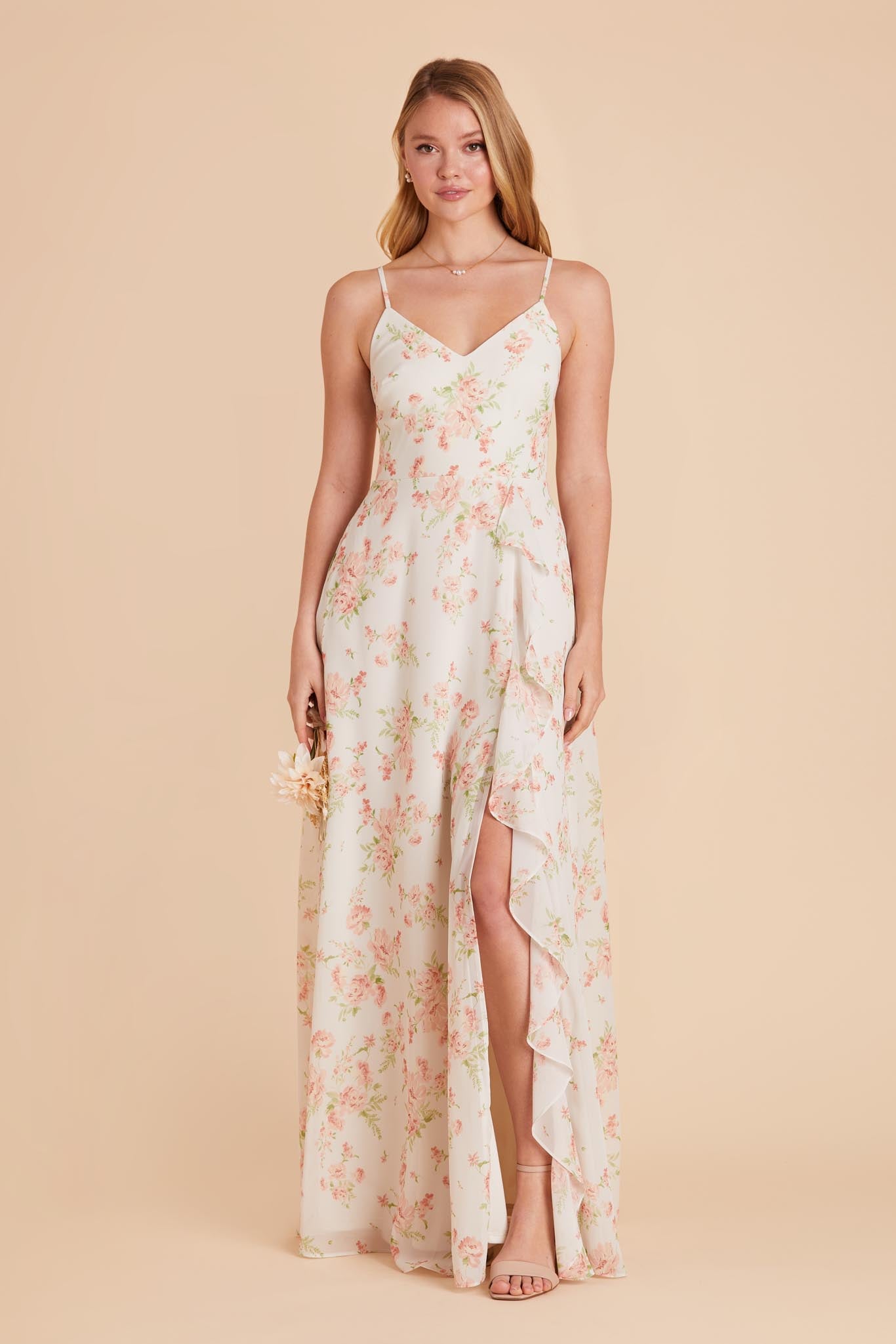 Chiffon Bridesmaid Dress with Ruffle Slit & Convertible Straps | Theresa