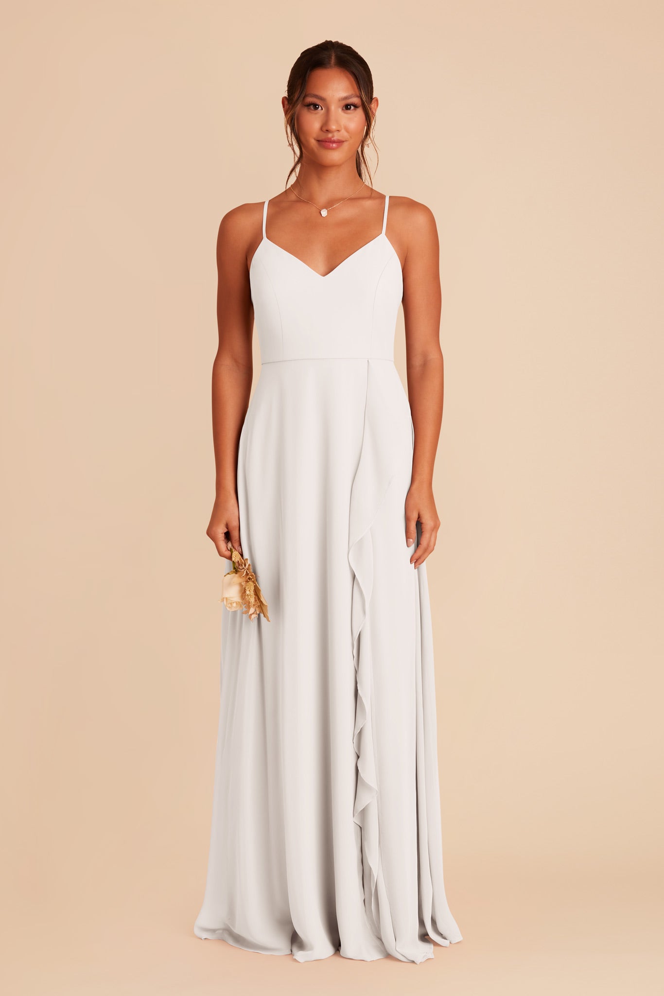 White Chiffon Bridesmaid Dress with Ruffle Slit | Theresa