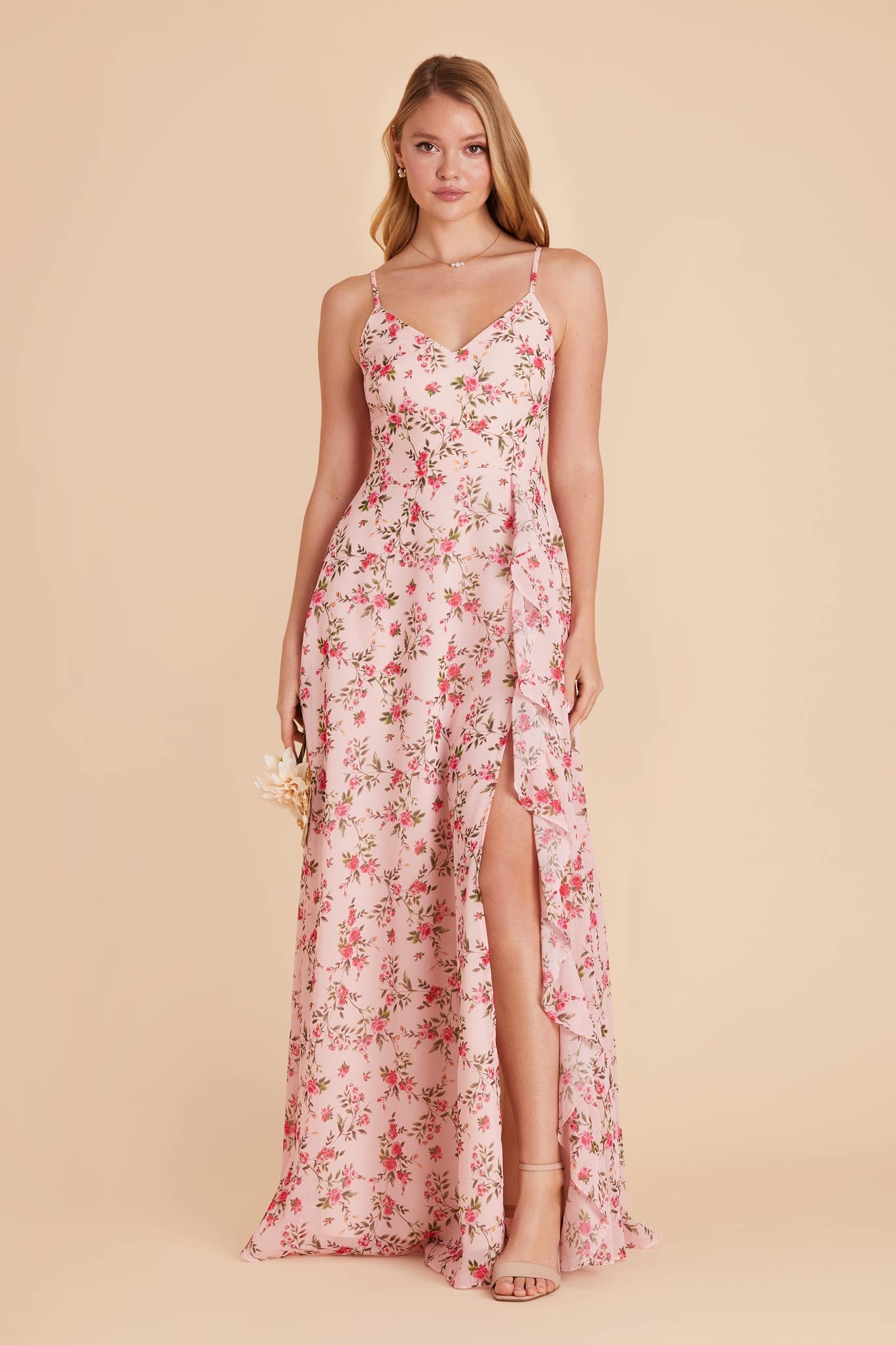 Chiffon Bridesmaid Dress with Ruffle Slit & Convertible Straps | Theresa