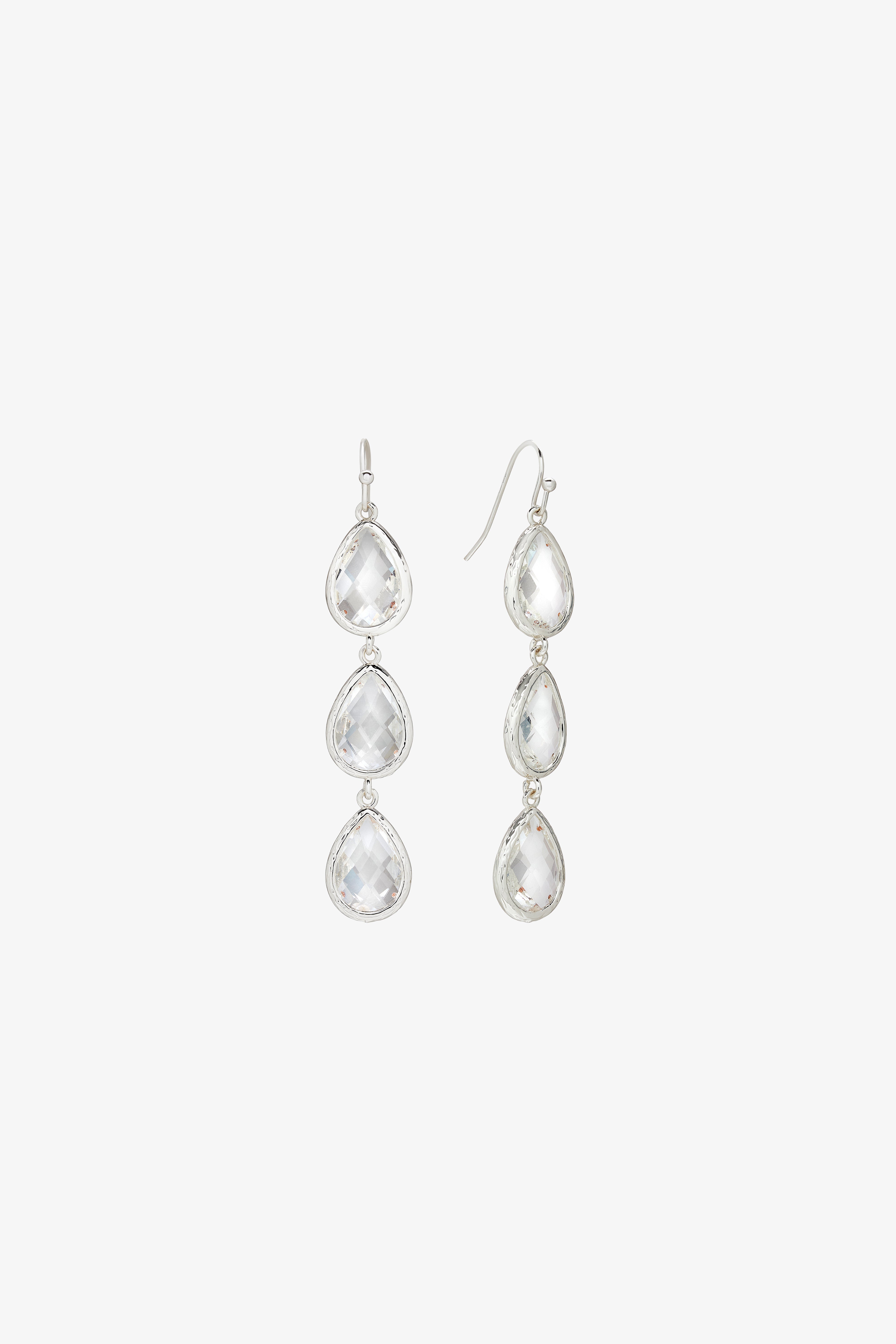 Silver Triple Drop Glass Earrings for Weddings | Pavé Halo Design