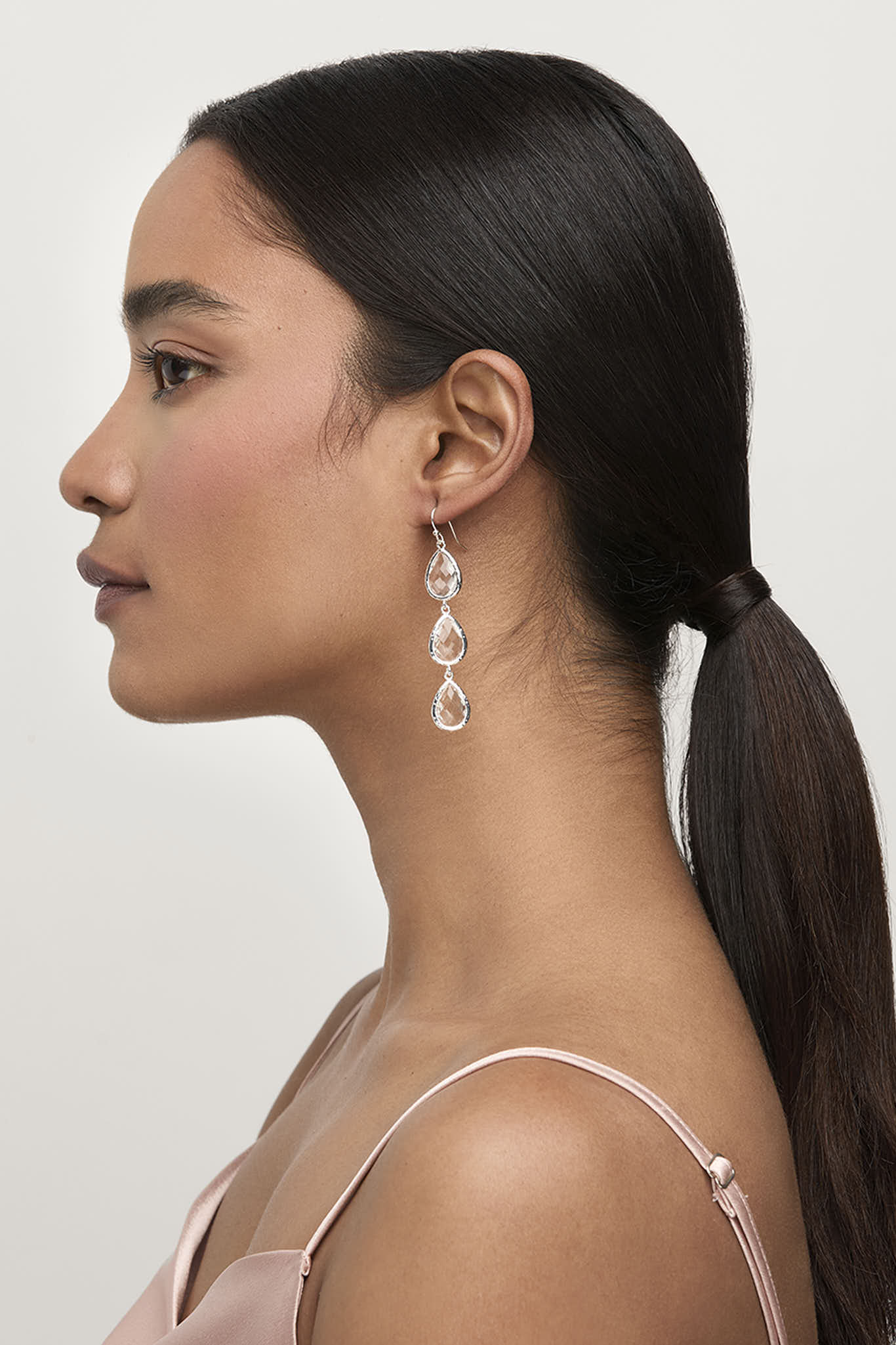 Silver Triple Drop Glass Earrings for Weddings | Pavé Halo Design