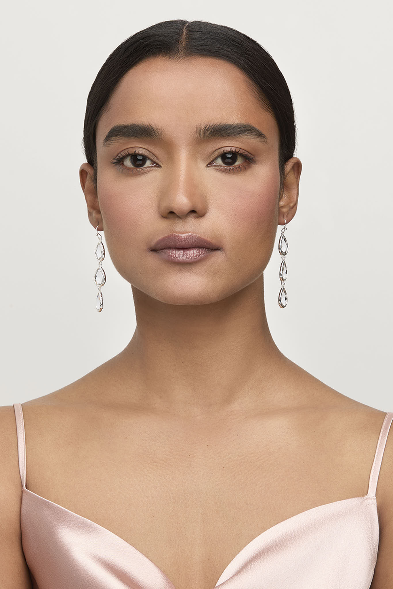 Silver Triple Drop Glass Earrings for Weddings | Pavé Halo Design