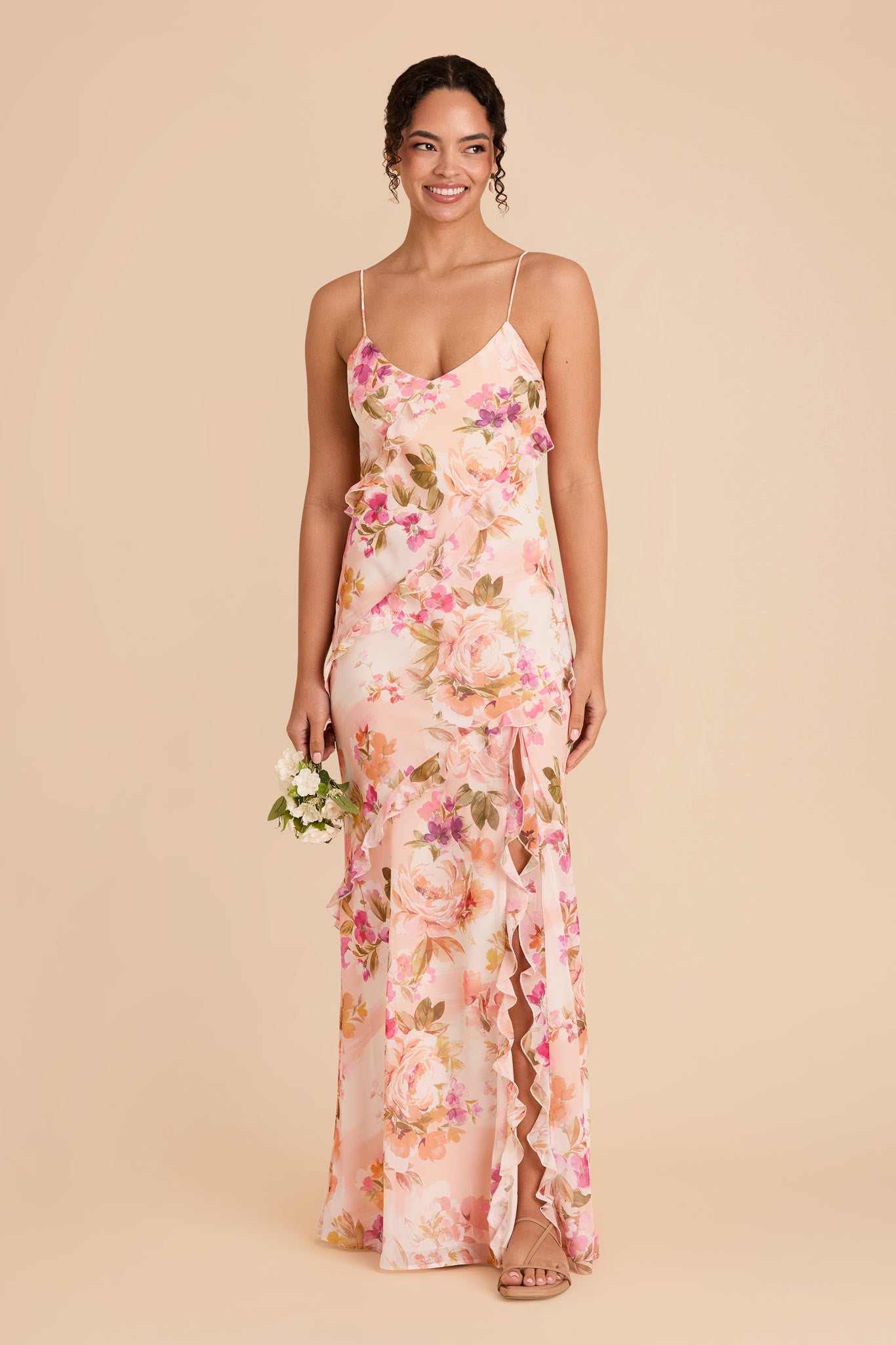 Chiffon Ruffled Dress for Women | Valentina Coral Sunset Peonies