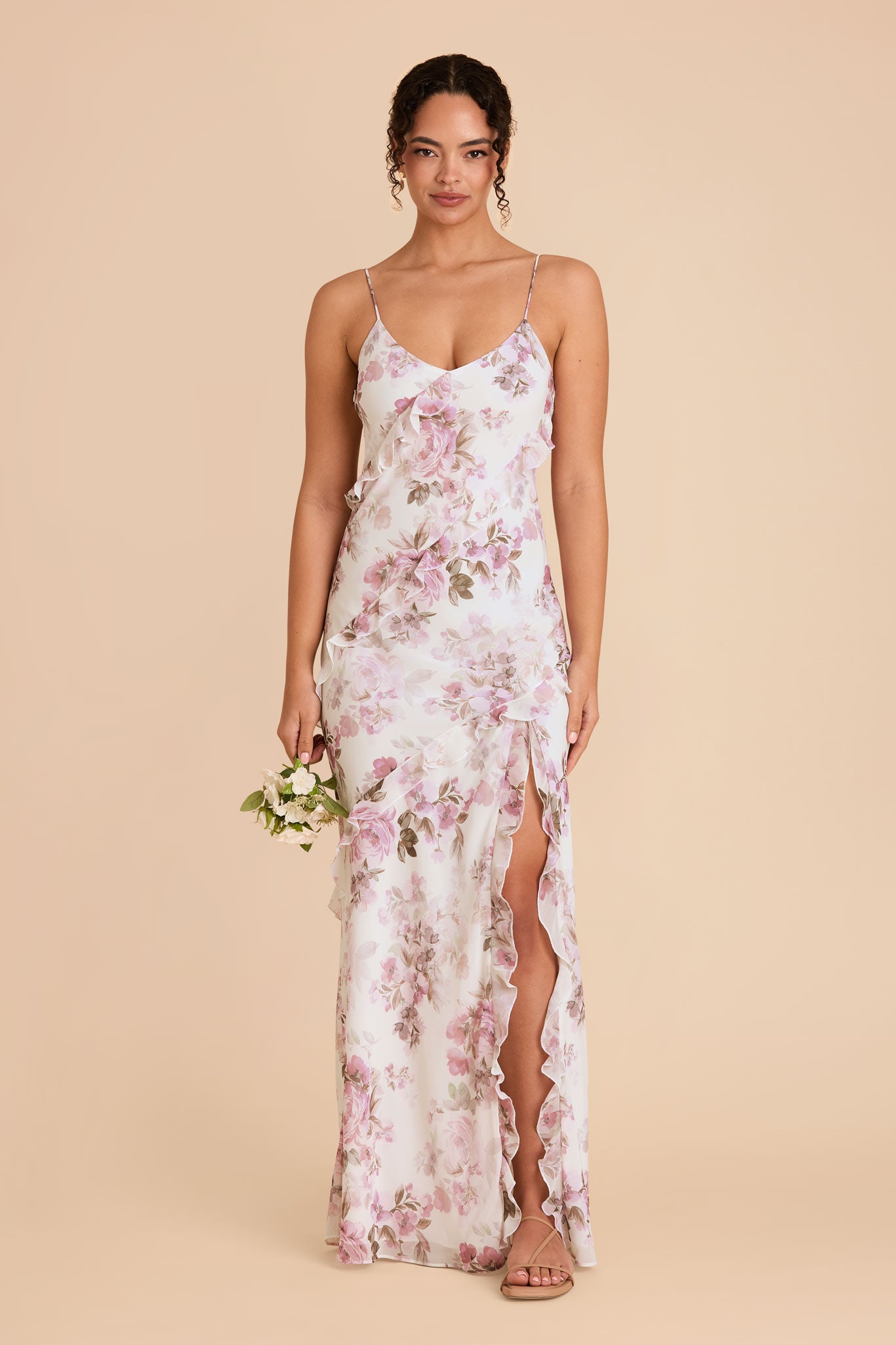 Chiffon Dress with Ruffles | Valentina Dusty Pink Peonies