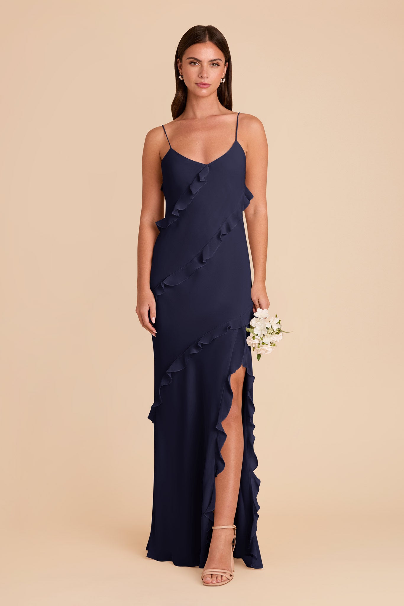 Flirty Ruffled Chiffon Dress in Navy | Valentina