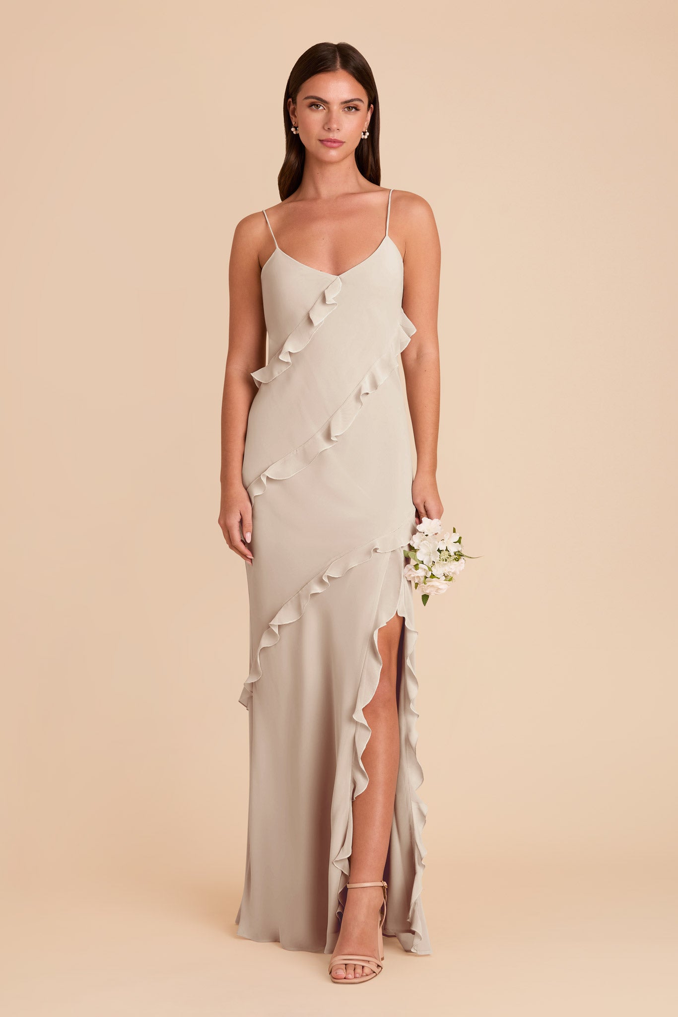 Chiffon Dress with Ruffles in Neutral Champagne | Valentina