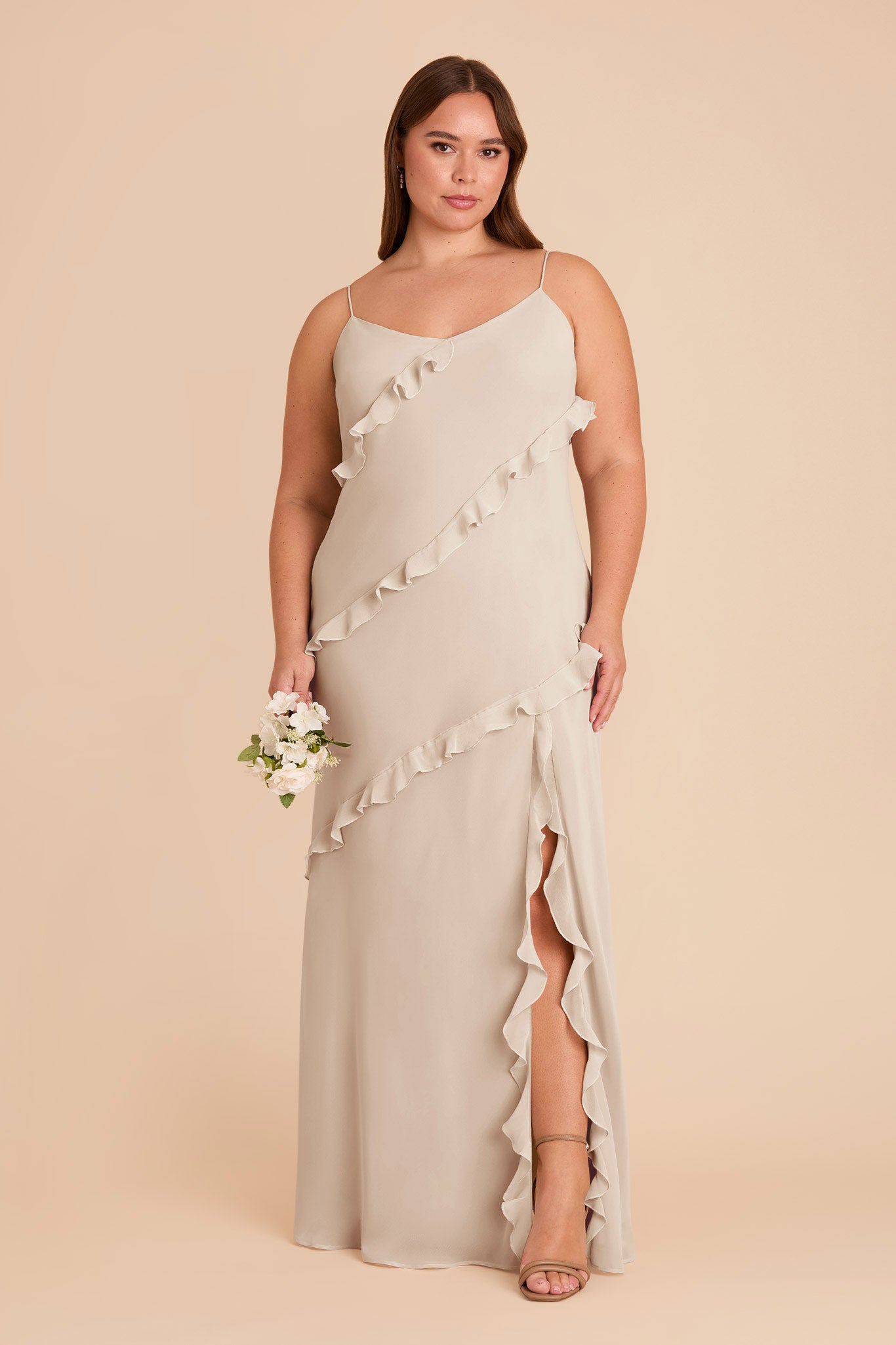 Chiffon Dress with Ruffles in Neutral Champagne | Valentina