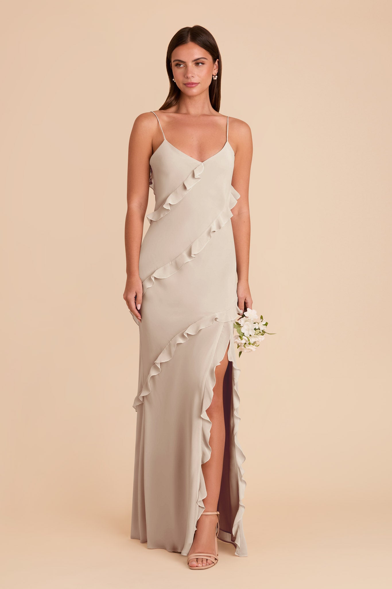 Chiffon Dress with Ruffles in Neutral Champagne | Valentina