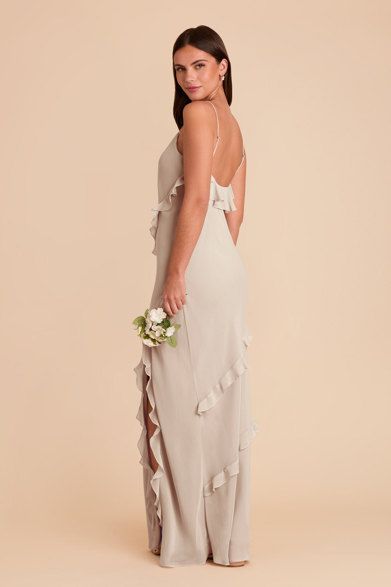 Chiffon Dress with Ruffles in Neutral Champagne | Valentina