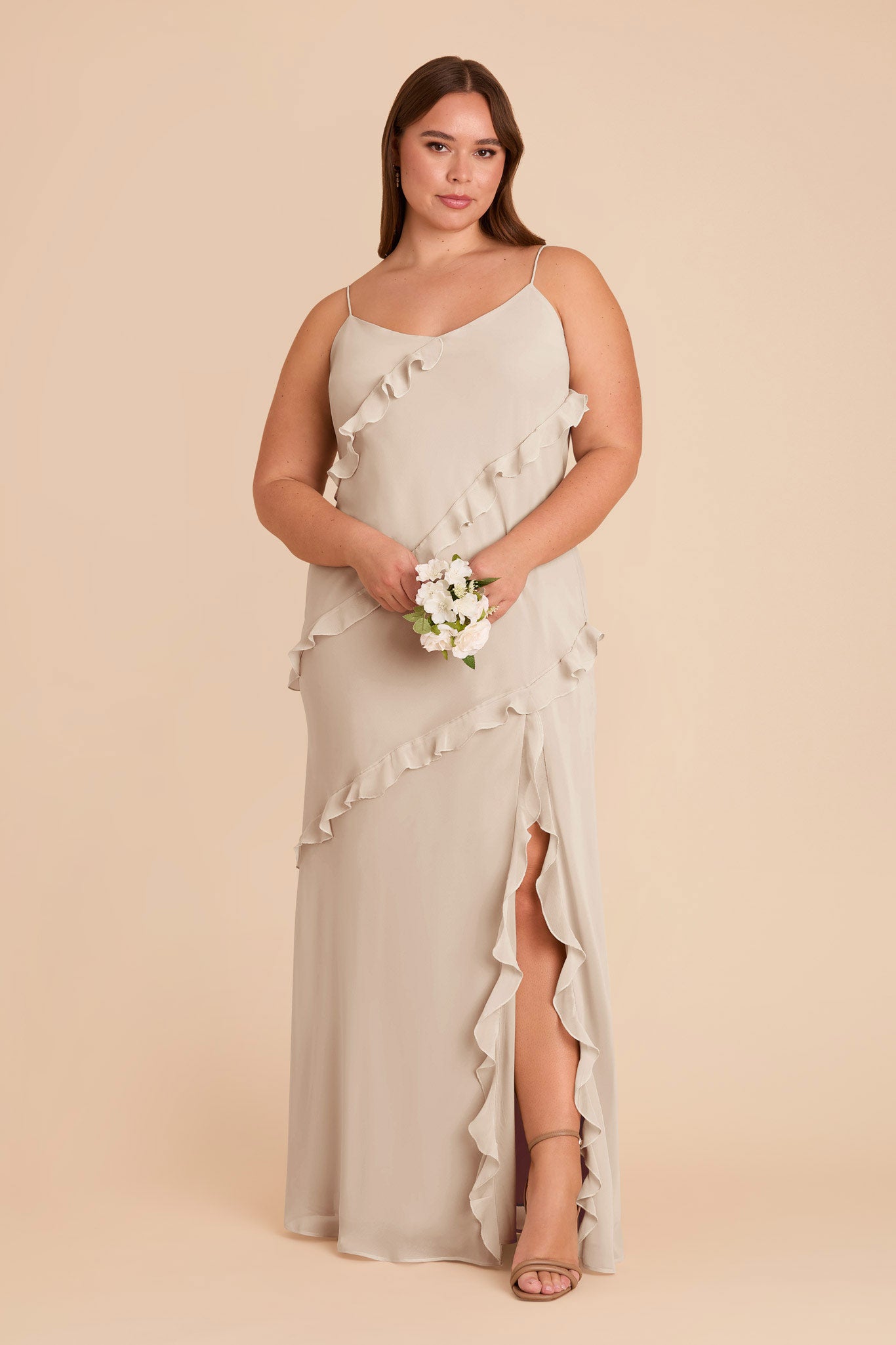 Chiffon Dress with Ruffles in Neutral Champagne | Valentina