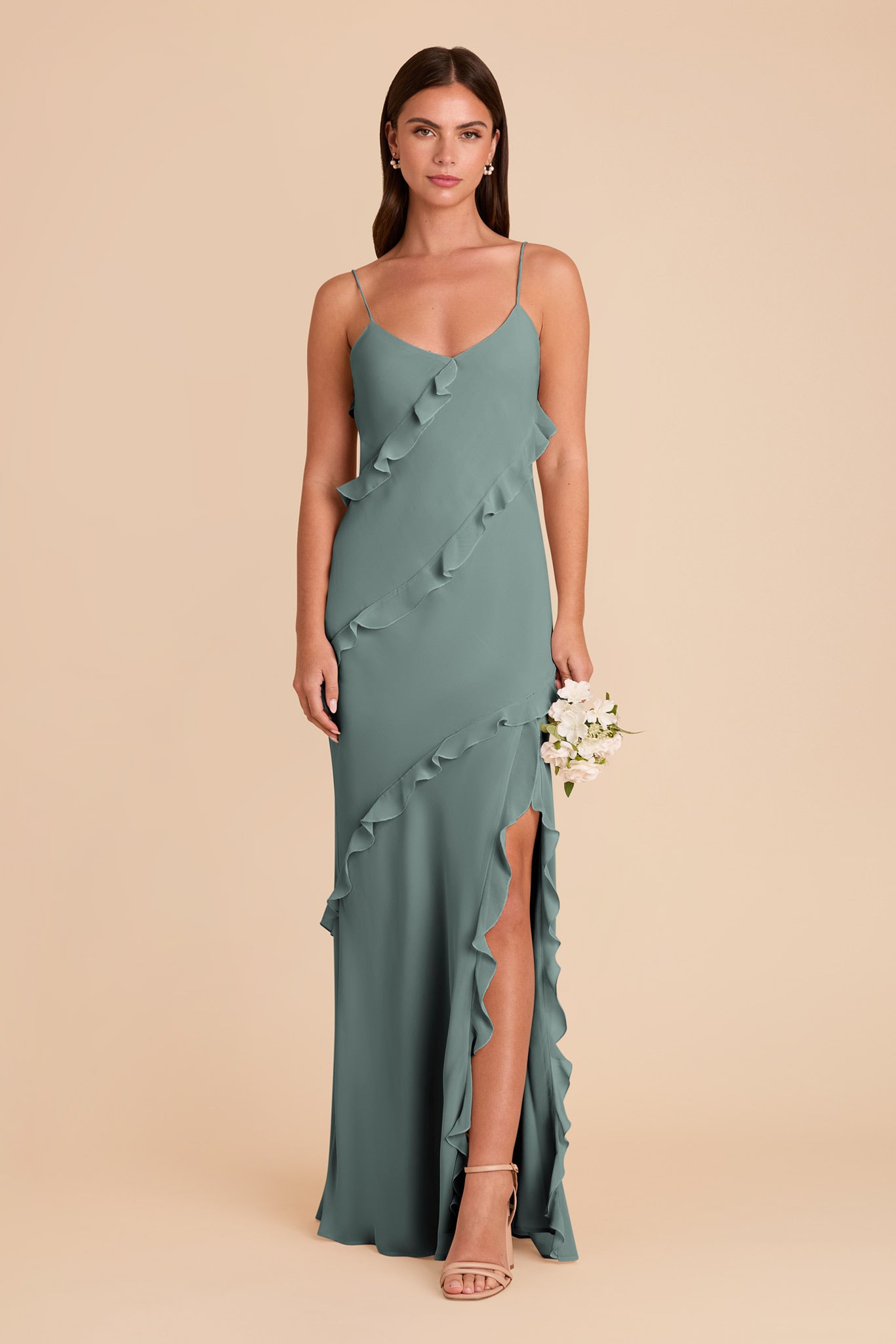 Flirty Ruffled Chiffon Dress in Sea Glass | Valentina