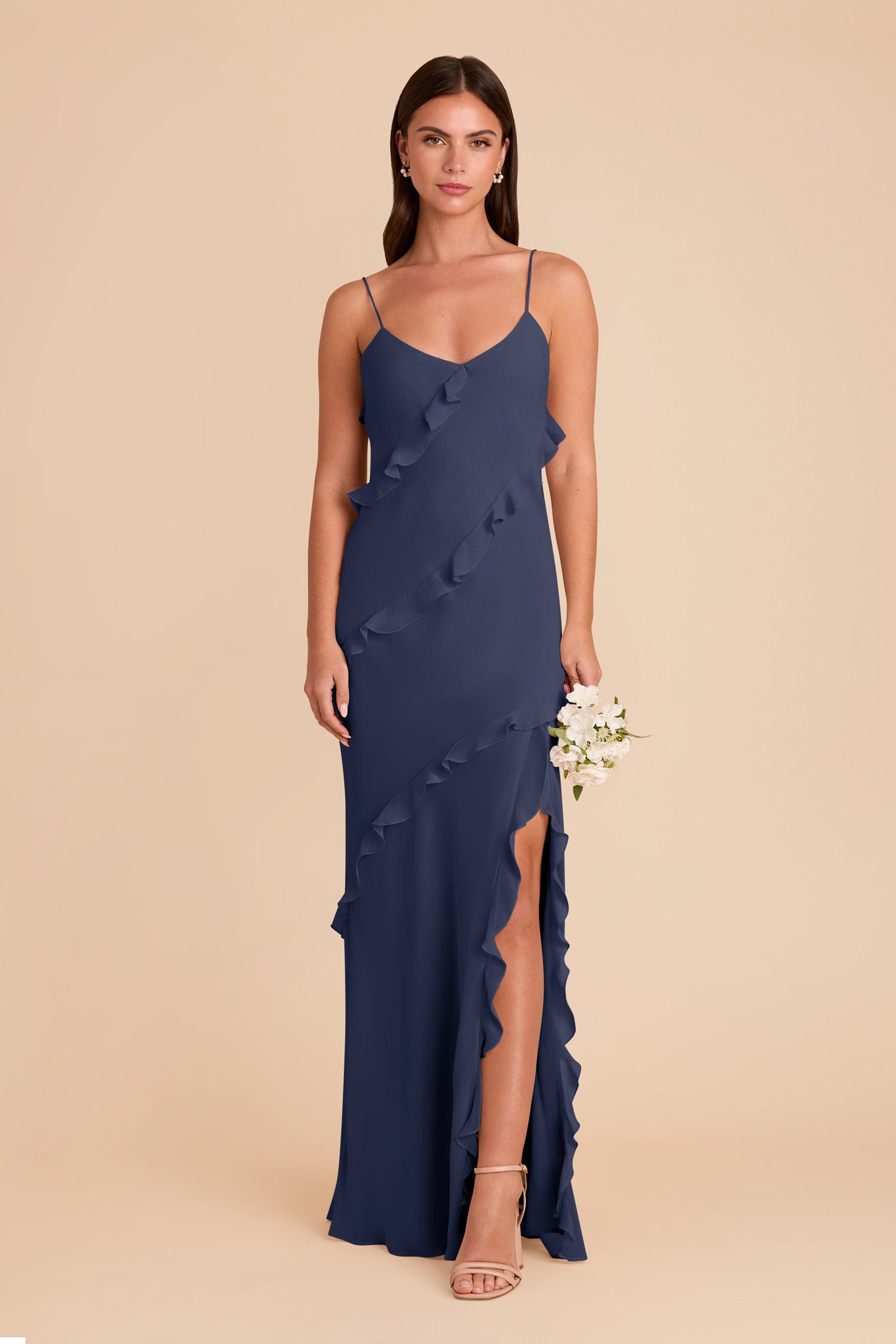Flirty Ruffled Chiffon Dress in Slate Blue | Valentina