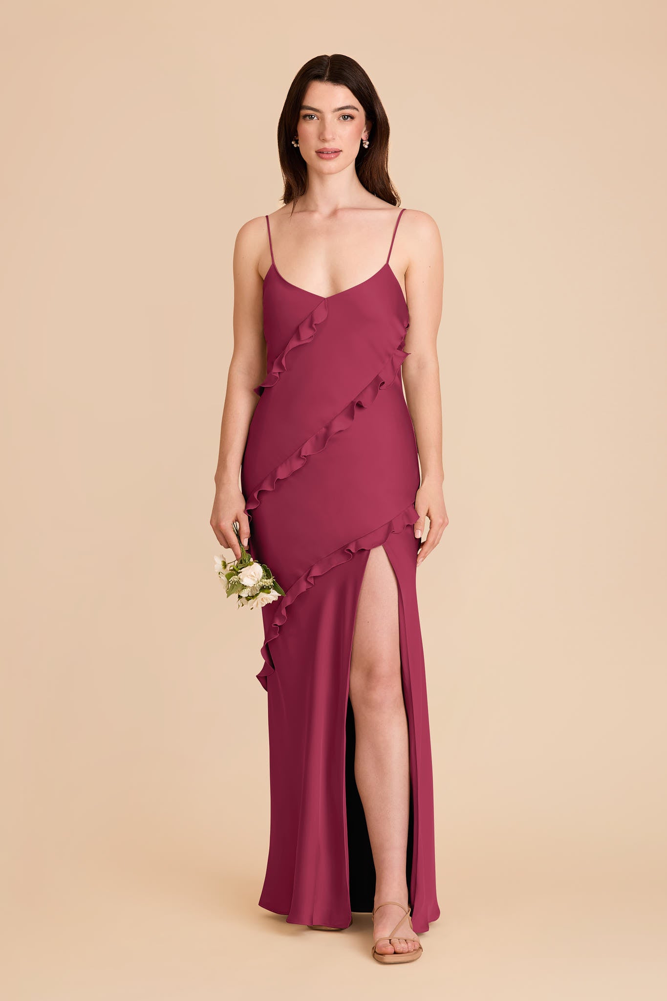 Matte Satin Dress with Ruffles - Valentina | Berry